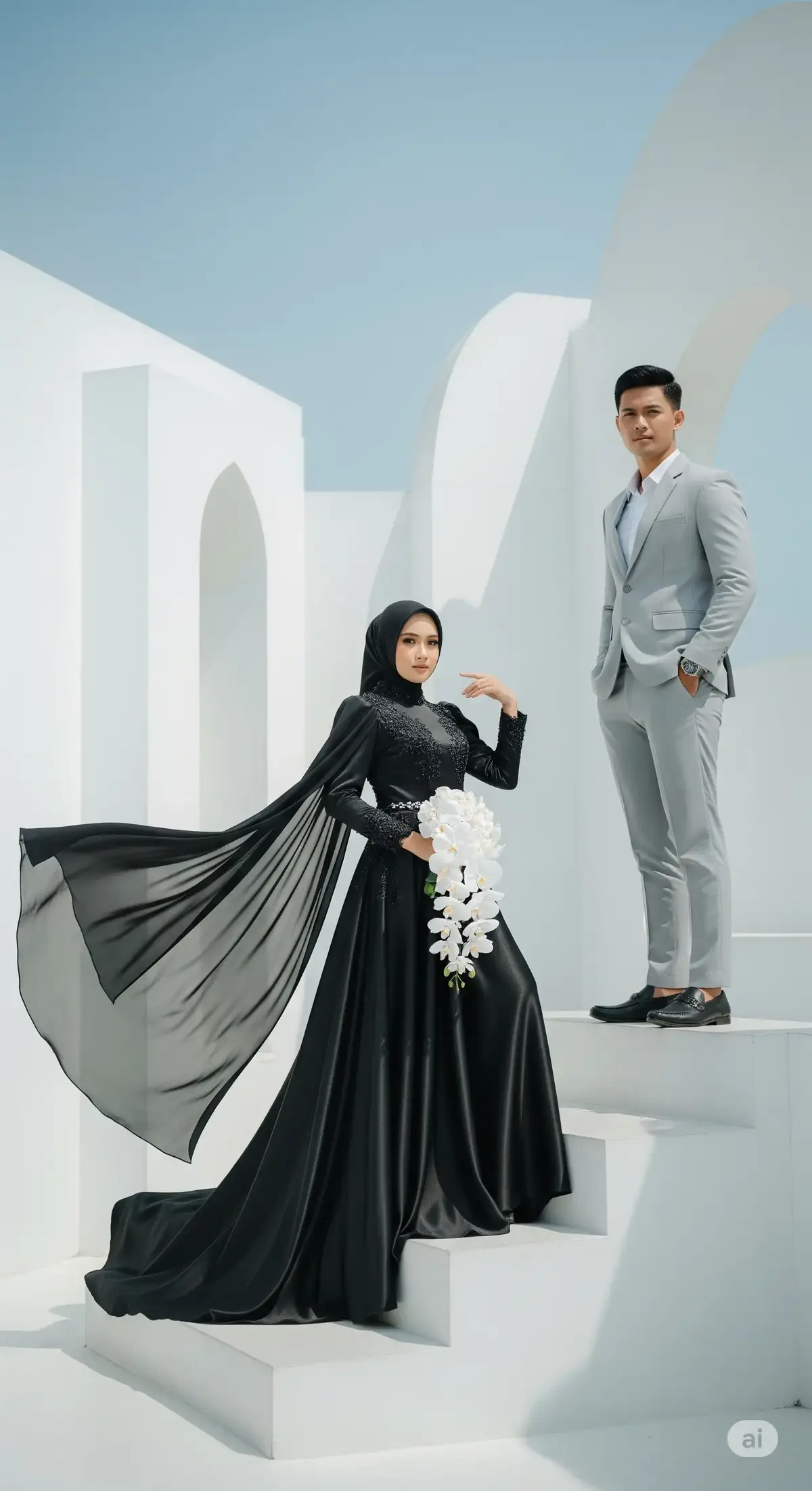 ai prompt : A luxurious and elegant modern engagement or prewedding photoshoot of a Southeast Asian couple (likely Javanese or Sundanese), captured in a minimalistic white architectural setting with Mediterranean-style stairs and walls. The woman is around 25 years old, wearing a dramatic full-length black Muslim gown made of flowing satin or silk with a sheer chiffon cape that dramatically flows to the left, caught mid-air for a majestic effect. The dress has delicate lace embellishments on the upper chest and sleeves. She wears a stylish black hijab, neatly draped with no excess volume, and holds a cascading white bouquet of orchids. The man, also around 25-30 years old, stands beside her on a higher step, slightly angled and smiling confidently. He wears a sleek light gray modern suit with a white shirt underneath, no tie, and black formal shoes. His build is subtly athletic with slightly broader shoulders (idealized but not overly muscular). Their body postures exude elegance and confidence, with the woman slightly leaning forward with one hand on her waist and the other holding the bouquet, while the man has one hand in his pocket. The lighting is natural daylight, sharp and clean, casting soft shadows that accentuate the geometric shapes of the white stairs. The background is a soft sky-blue gradient with no clouds, and the environment is calm, open-air, bright, and breezy. The photo is high-resolution with clean editing, soft white balance, and no visible filters — only slight skin smoothing and fabric enhancement to make the dress and suit more refined. No visible additional props except the bouquet. The overall composition emphasizes modern elegance, cultural modesty, and fashion-forward styling. Suitable for a bridal magazine cover or luxury wedding campaign #fffffffffffyyyyyyyyyyypppppppppppp #fotostudio #fotoprewedding #jasa #editfoto 