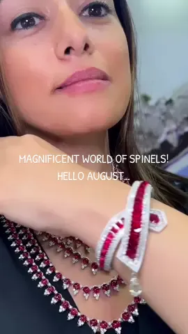 It’s almost August, let’s dive into the vibrant world of spinels and welcome August’s Birthstone in style with this fabulous set! From the calibrated-cut spinels on the bracelet with a suspended briolette, to five layers of stunning spinels and diamonds draped around my neck, this is red perfection!