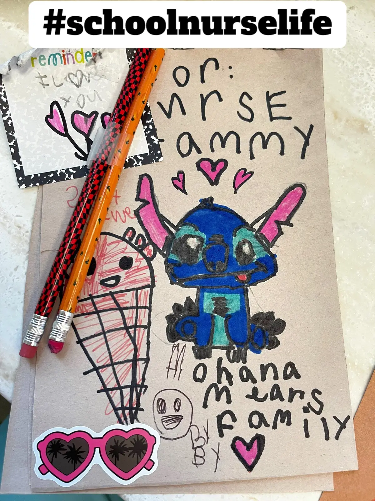 Decided to bring this series over here to the TikTok!  Being a school nurse is so rewarding!  I literally got little notes and gifts all the time just to say thank you!  These first few pages are a book made by one of my sweetest “patients”.  They all become an extension of your family!  #schoolnurselife #schoolnursing #nurselife #ohanameansfamily #stitch 