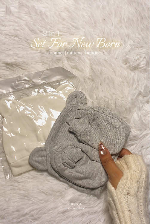 hi mommies! if you’re on nesting phase then i recommend this newborn set! ang ganda ng quality napakalambot ng tela for sure very comfy si baby dito💛✨ #newbornset #newbornmittensocksandhat #mittens #babybonnet #babysocks #newbornclothes #nesting 