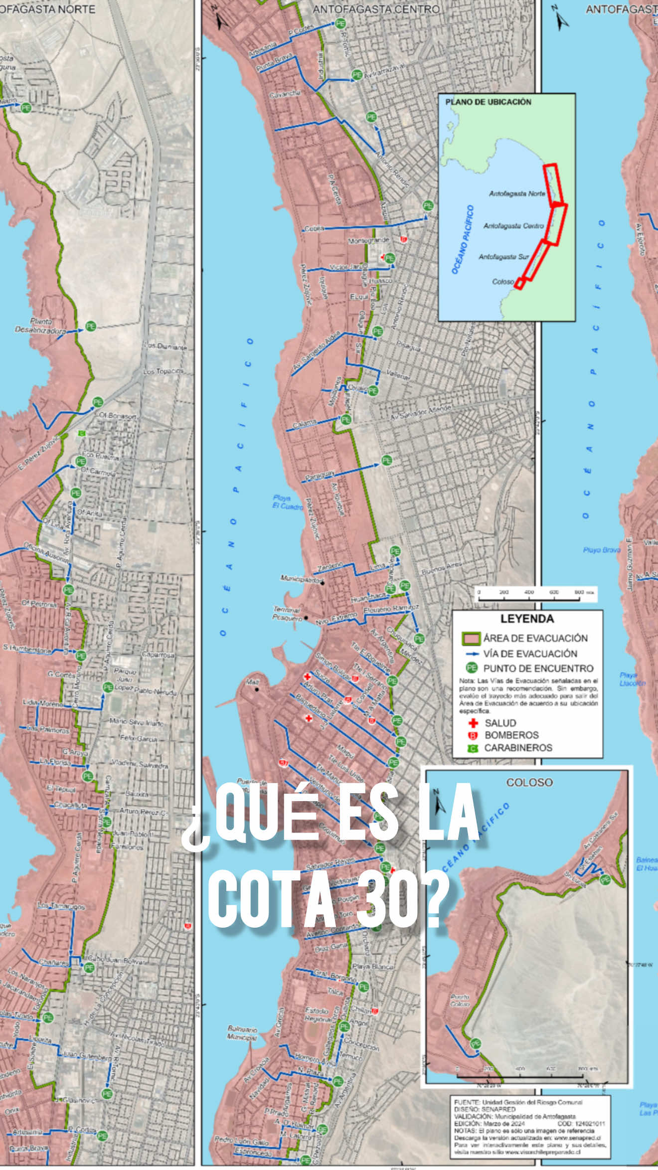 🌊 ¿QUÉ ES LA COTA 30?  EVACUACIÓN ANTE AMENAZA DE TSUNAMI Es fundamental conocer los puntos de evacuación para actuar a tiempo en una emergencia. 📍 Encuentra tu zona segura y las rutas de evacuación en 👉 www.senapred.cl #Antofagasta #EmergenciaNacional #Tsunami