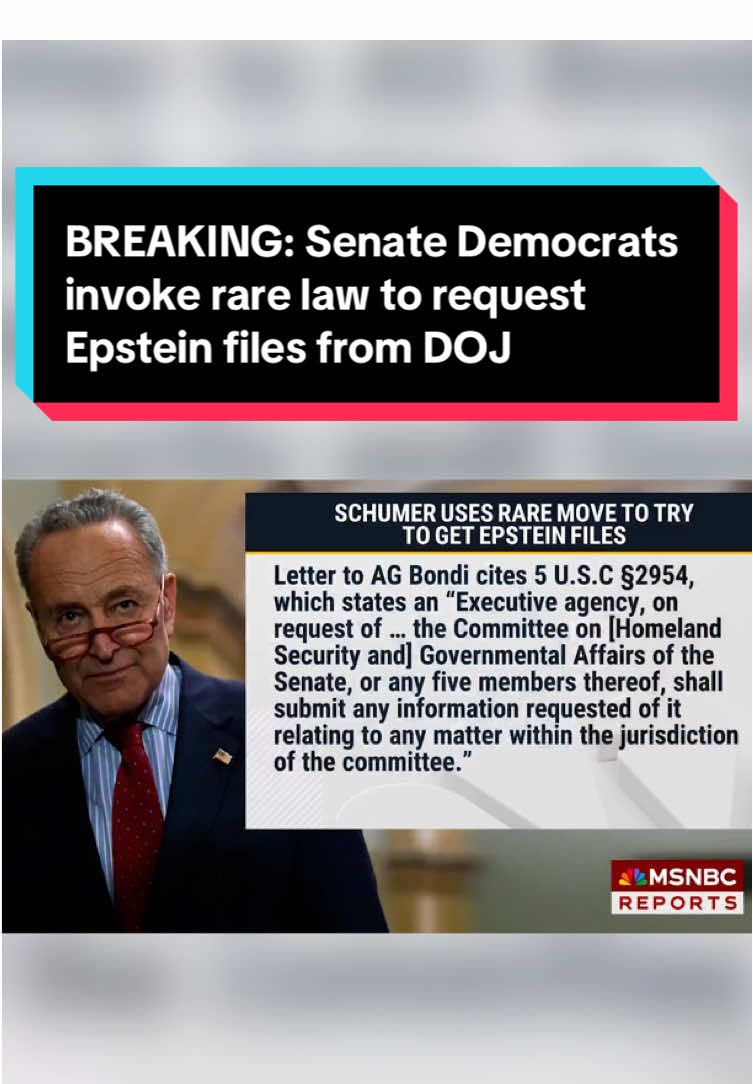Senate Majority Leader Chuck Schumer, D-N.Y., is leading all seven senators on the Senate Homeland Security and Governmental Affairs Committee in invoking a rarely used law to request files in the Jeffrey Epstein case and have them delivered to the committee next month. In a letter sent to Attorney General Pam Bondi, the group says it is requesting the files under the law, which says an “Executive agency, on request of … the Committee on [Homeland Security and] Governmental Affairs of the Senate, or any five members thereof, shall submit any information requested of it relating to any matter within the jurisdiction of the committee.” NBC News' Capitol Hill correspondent Melanie Zanona has the latest.  #news  #chuckschumer  #Trump #breakingnews  #washington 