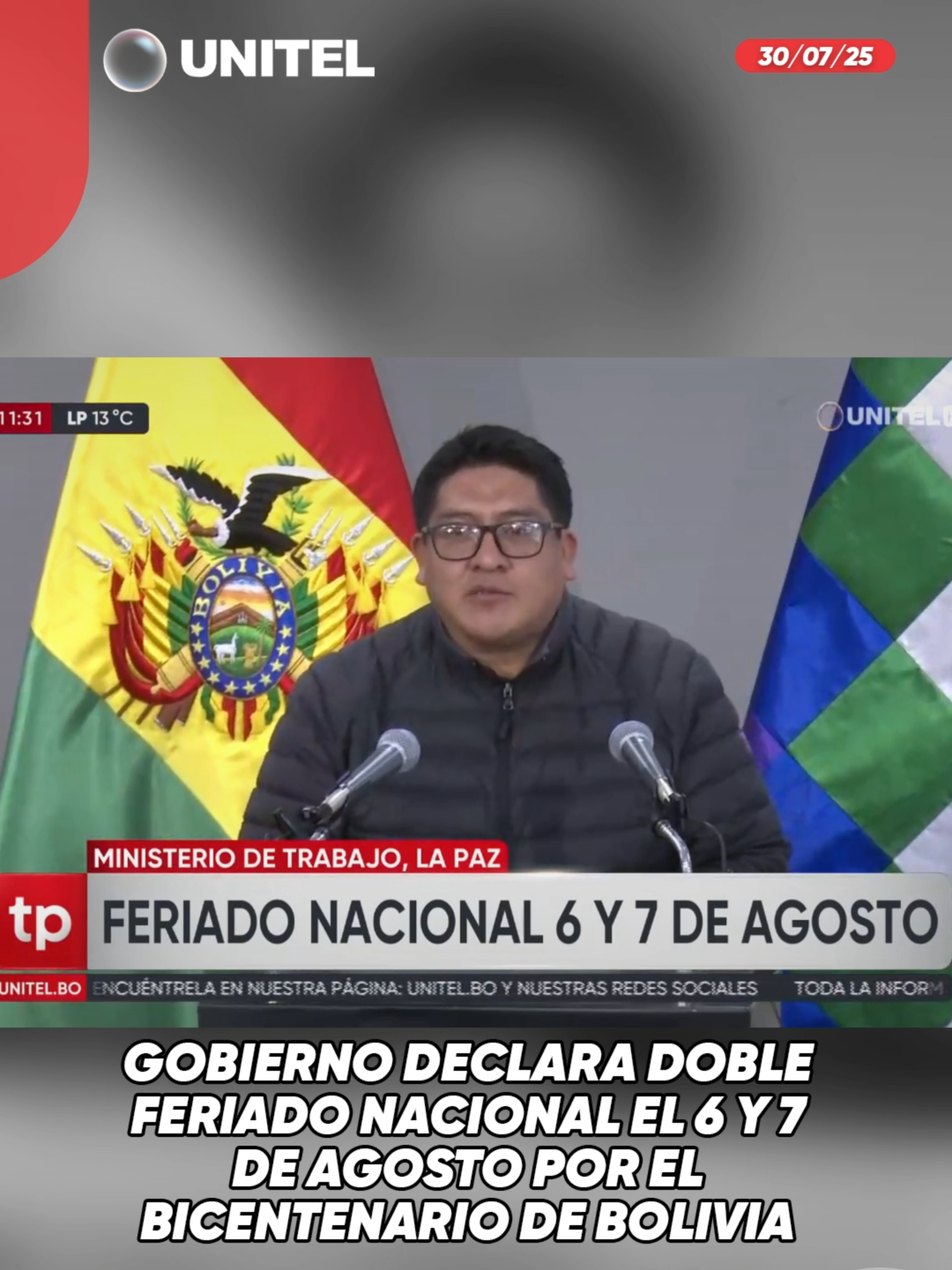 El anuncio fue hecho este miércoles y se dejó en claro que esta medida es de manera excepcional, solo por este año #Unitel #Bolivia #feriado #6deAgosto