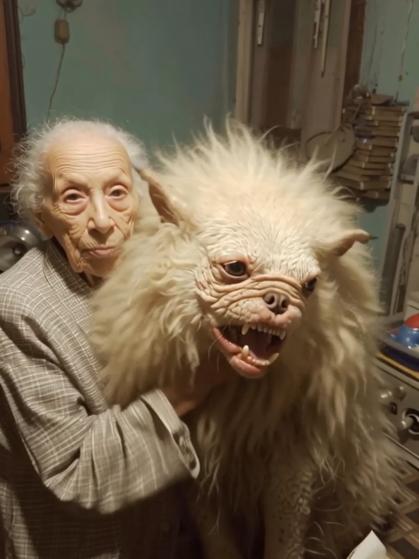 Meet my grandma, who’s become a true cat lady… in every sense of the word! 🐾 Living alone in her little house on the edge of the forest, she started believing she’s actually a cat. One day, she found this bizarre, wild dog creature wandering in the woods and, convinced it was her soulmate, decided to bring it home. Now, they eat, nap, and even “meow” together! Neighbors are a bit freaked out, but honestly, you’ve never seen a friendship quite like this. Who says you can’t find love and companionship in the most unexpected places? #CrazyCatLady #StrangeCreatures #Pets #Animals #Dog