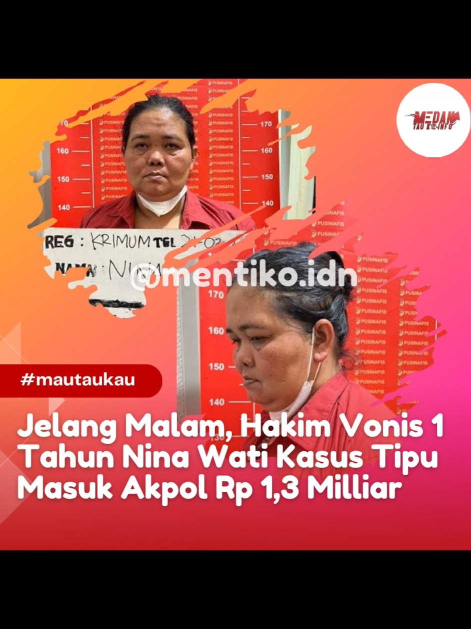 Usai membaca vonis, JPU Surya Siregar dan kuasa hukum Nina Wati menyatakan pikir pikir apakah menerima atau mengajukan banding.  . Vonis hakim diketahui lebih rendah dari tuntutan JPU yang meminta agar Nina dihukum 2 tahun penjara. . Wati dengan pidana penjara selama dua tahun dalam kasus dugaan penipuan dengan modus penerimaan calon siswa Polri . JPU  menilai perbuatan terdakwa Nina Wati terbukti melakukan penipuan, yang merugikan korban bernama Afnir alias Menir senilai Rp1,35 miliar.sebagaimana diatur dalam Pasal 378 Jo Pasal 55 ayat (1) ke-1 KUHP.  #medantaukoinfo #rellsviral #medan #medanviral #ninawati 