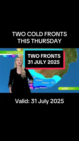 31 July 2025 | Vox Weather Forecast 🥶A cold front followed by a strong ridging high will bring STRONG TO GALE FORCE winds (UP TO 90KM/H) over the interior and south coast of the Cape, with much COLDER air and SNOWFALL likely on mountain peaks in the Cape Provinces