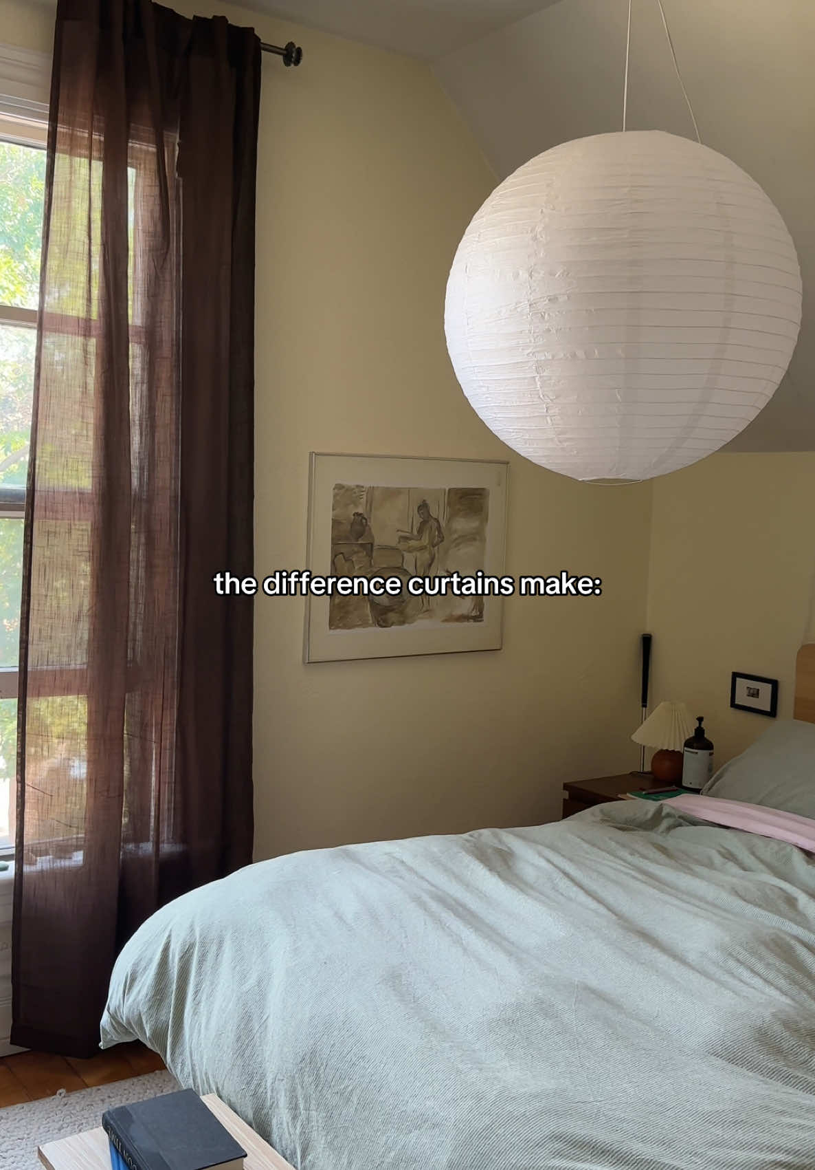 finally changed out the curtains that came in our bedroom and i'm so happy w it 🥹  also yes i know i should've made the rod 1 inch lower but i literally cannttttt go back up there rn  #homedecor #interiordecor #curtains 