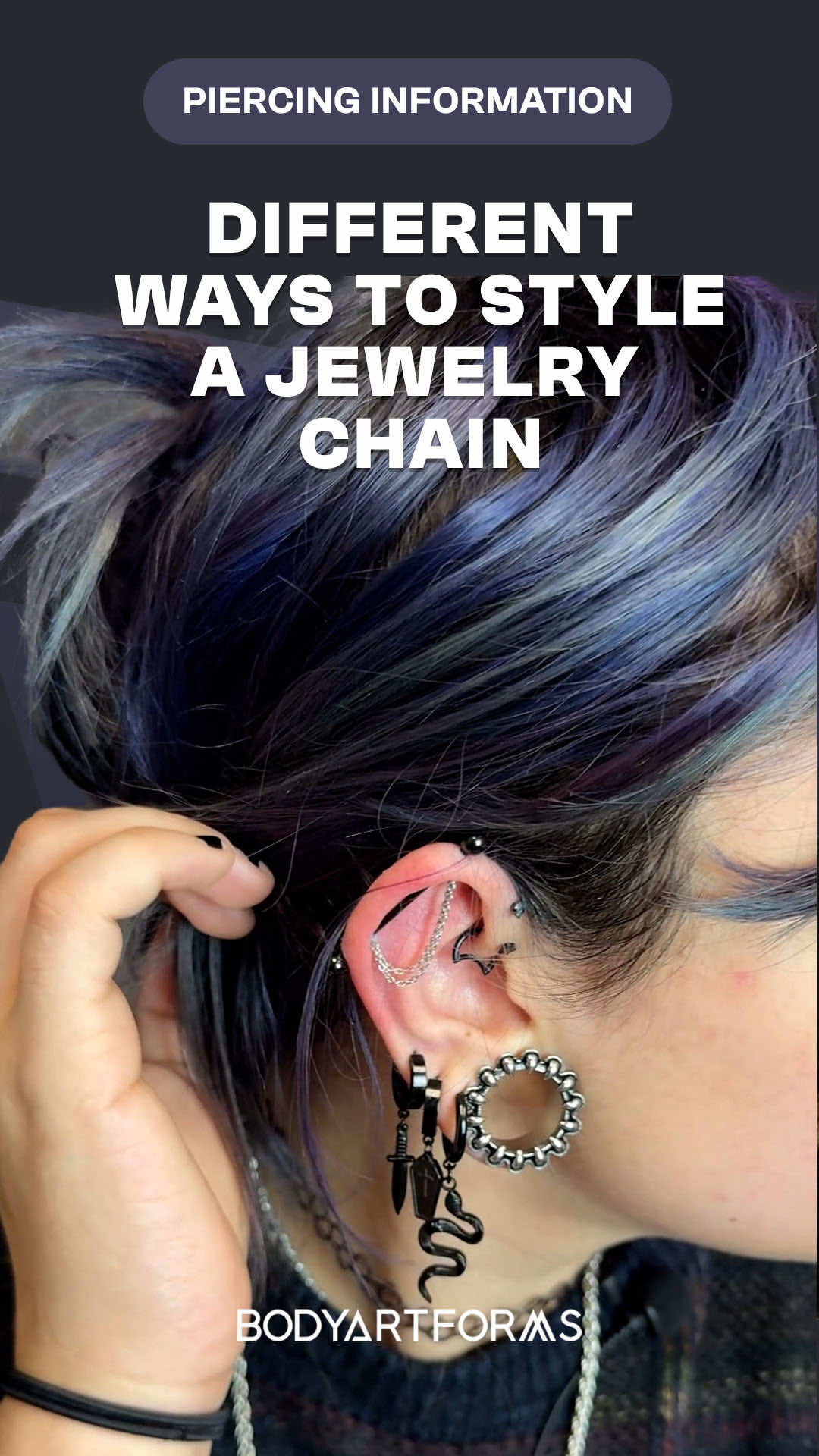Get creative and make your piercings your own by adding chains! Here are a couple of ways to style them. #bodyartforms #bodyjewelry #piercings #piercingtok #piercingsoftiktok #earcartilage #earpiercings #piercingchains  How to add chains to piercings Piercing chains Ear cartilage piercing  Ear cartilage jewelry 