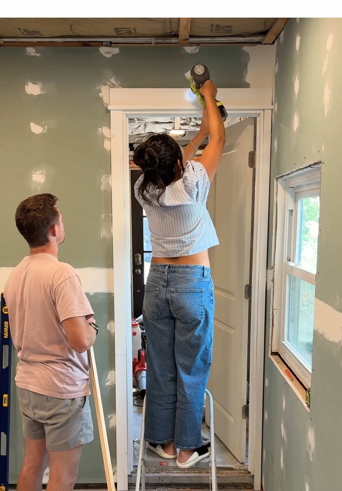wall construction and door install went from 🚫 to 💯 bc we’re trying to hide something 😬  #DIYHome #HomeRenovation #DoorInstall #TrimWork #BeforeAndAfter