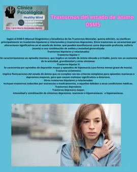 Los trastornos del estado de ánimo, según el DSM-5 (Manual Diagnóstico y Estadístico de los Trastornos Mentales, quinta edición), se clasifican principalmente en trastornos bipolares y relacionados y trastornos depresivos. Estos trastornos se caracterizan por alteraciones significativas en el estado de ánimo, que pueden manifestarse como depresión profunda, euforia (manía) o una combinación de ambos.  Trastornos bipolares y relacionados: Trastorno bipolar I: Se caracteriza por la presencia de al menos un episodio maníaco, que implica un estado de ánimo elevado o irritable, junto con un aumento de la actividad, grandiosidad y otros síntomas.  Trastorno bipolar II: Se caracteriza por episodios de depresión mayor y episodios de hipomanía (una forma menos grave de manía).  Trastorno ciclotímico: Implica fluctuaciones del estado de ánimo que no cumplen con los criterios completos para episodios maníacos o depresivos mayores, pero que causan malestar significativo o deterioro.  Otros trastornos bipolares y relacionados: Incluyen  Trastornos depresivos: Trastorno depresivo mayor: Se caracteriza por uno o más episodios depresivos mayores, que incluyen síntomas como estado de ánimo deprimido, pérdida de interés o placer, cambios en el apetito o el sueño, fatiga, sentimientos de inutilidad o culpa, dificultad para concentrarse, y pensamientos de muerte o suicidio.  Trastorno disfórico premenstrual: Se caracteriza por síntomas depresivos, irritabilidad y ansiedad que ocurren antes de la menstruación.  Trastorno depresivo persistente (distimia): Implica un estado de ánimo deprimido crónico que dura al menos dos años.  Otros trastornos depresivos: En resumen, el DSM-5 clasifica los trastornos del estado de ánimo en bipolares y depresivos, cada uno con diferentes subtipos que se definen por la duración, intensidad y combinación de síntomas depresivos, maníacos o hipomaníacos.  Es importante acudir a un especialista para el diagnóstico y tratamiento psicológico y psiquiátrico  #terapiapsicologica #motivacion #apoyoemocional #psicologiaclinica #resiliencia #viral_video #fyp 