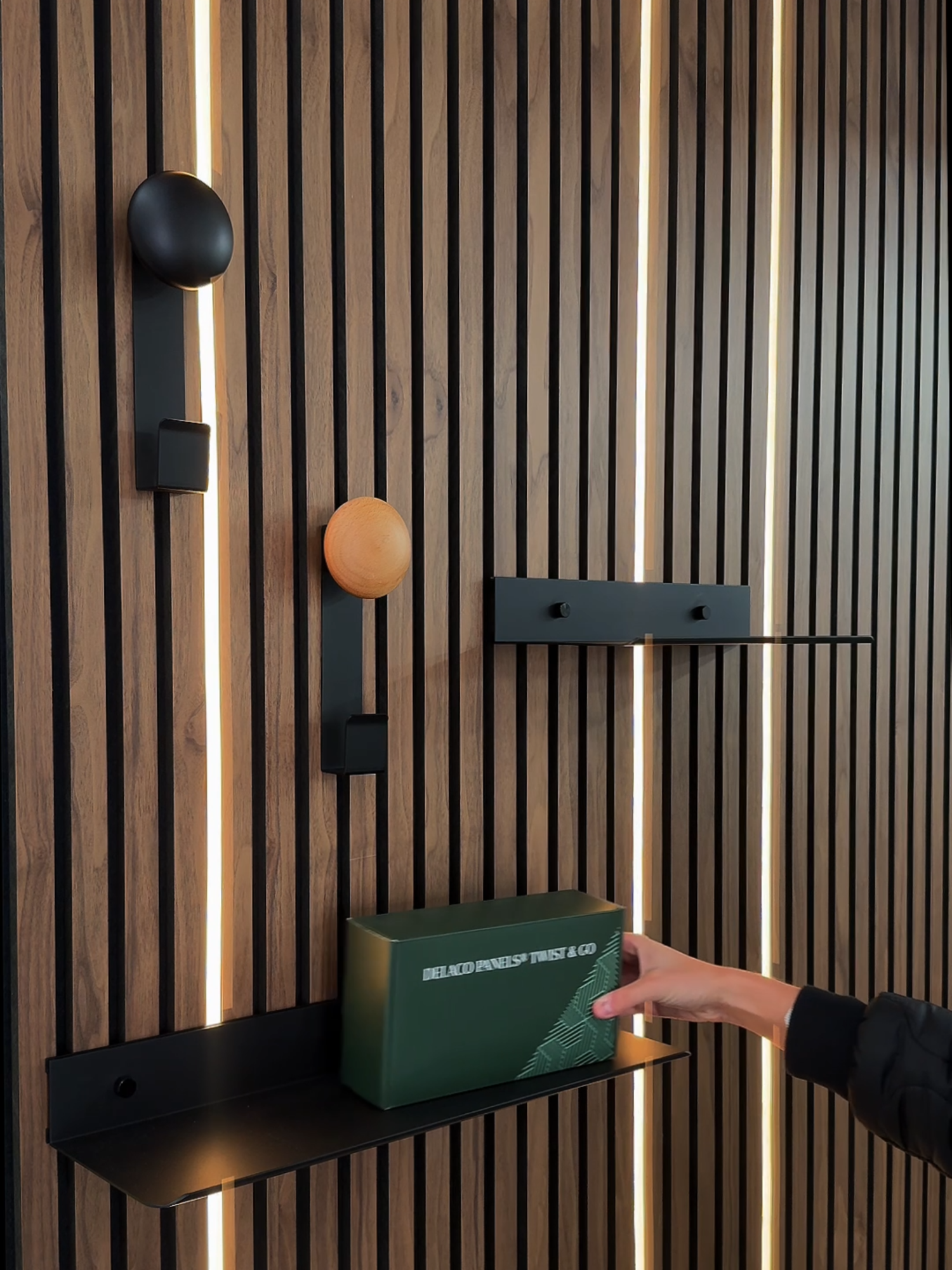 When style meets function 👌 Watch us install our shelf + hook on the Acoustic Panel – yes, it’s that simple! #AcousticPanel #HomeUpgrade #DelacoStyle