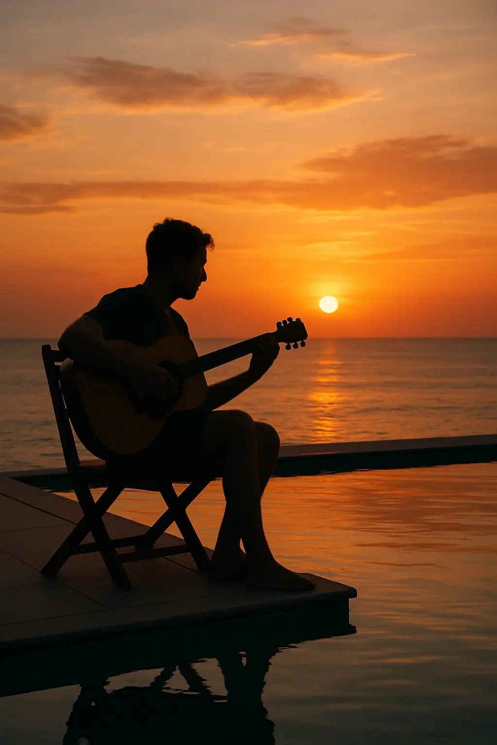 Un homme assis au bord de la piscine, jouant de la guitare tandis que le soleil se couche derrière lui — un mélange parfait de musique, de paix et de magie de l’heure dorée. #sunsetvibes  #guitarmood  #poolsidechill  #goldenhour  #aestheticview  #summernights  #relaxandunwind 
