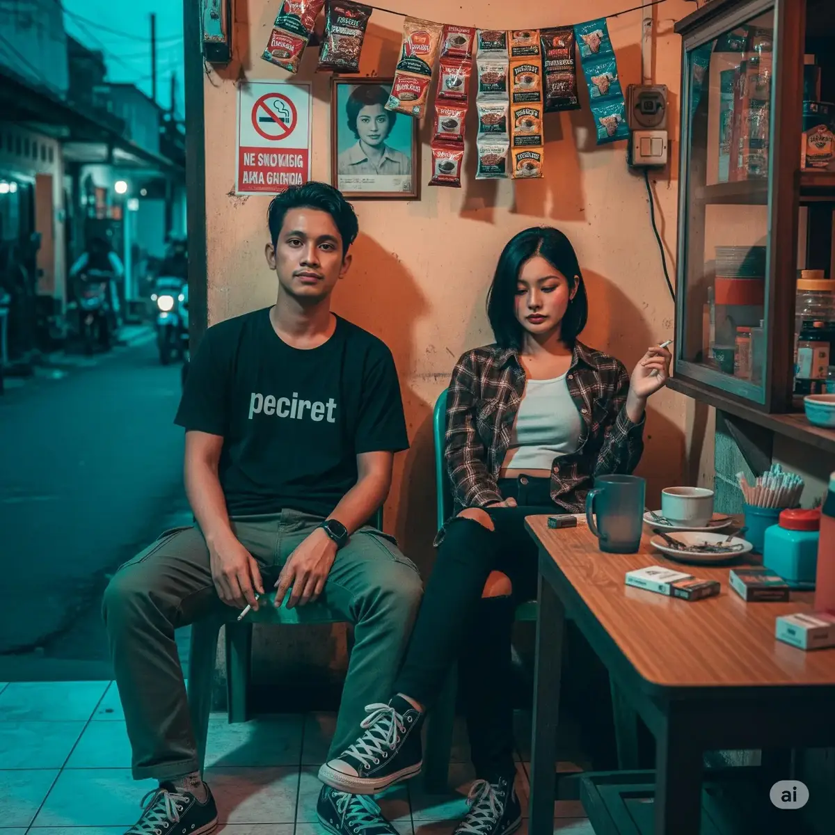 prompt: A young Indonesian man in his 20s with black hair styled in a comma haircut, the top covering his forehead, sits casually on a plastic chair in front of a modest village coffee shop. He wears a plain black T-shirt with the word 