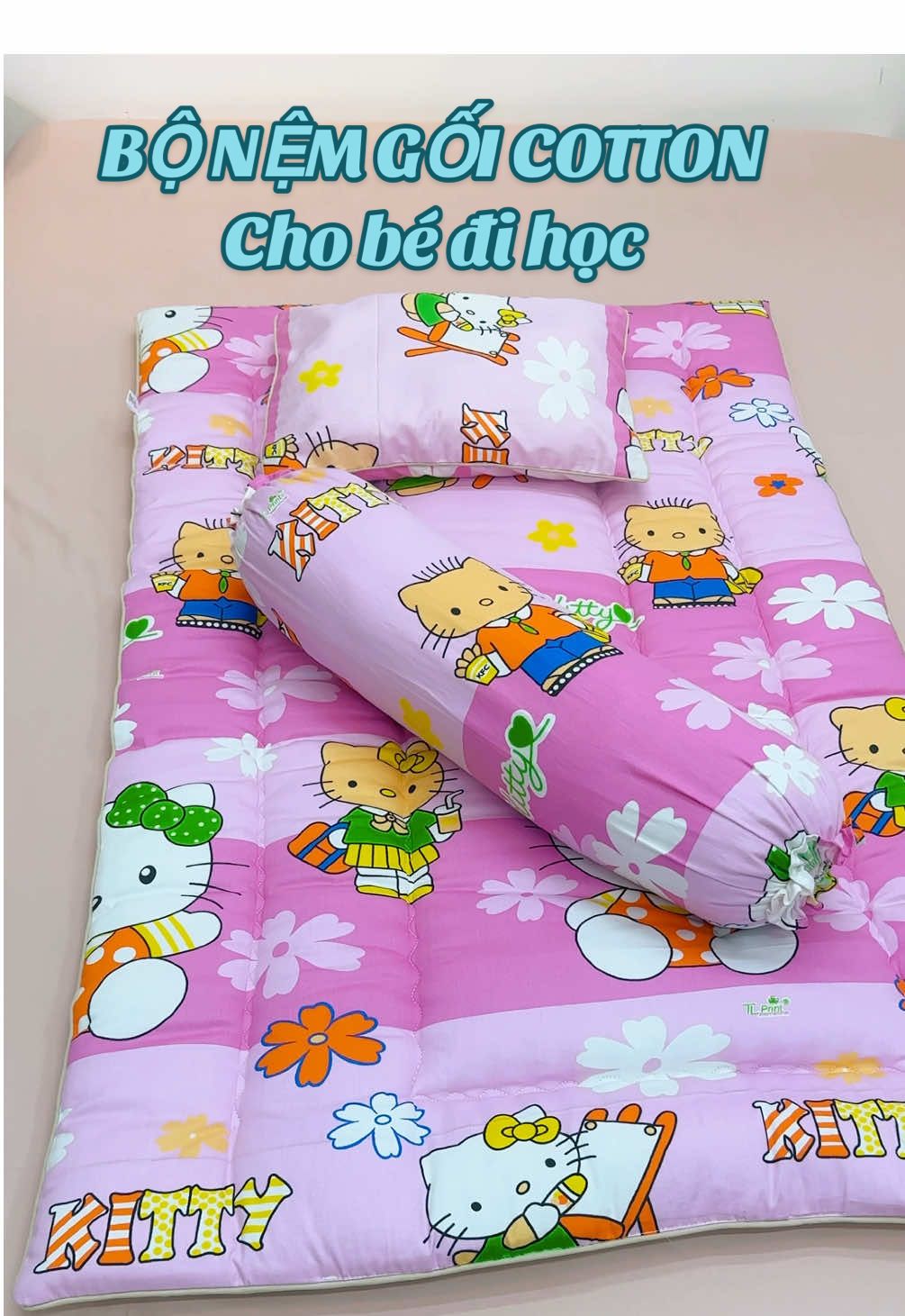 Bộ nệm gối Cotton TL cho bé đi học, vải mát, thấm hút tốt, dễ gấp gọn - Combo 3 món: 1 nệm 75x120, 1 vỏ gố đầu 30x40cm, 1 vỏ gối ôm 16x60cm ( kèm ruột )#bonemgoichobe #changoidihoc#topper #xuhuong #nemchobe #cotton #mddecor 