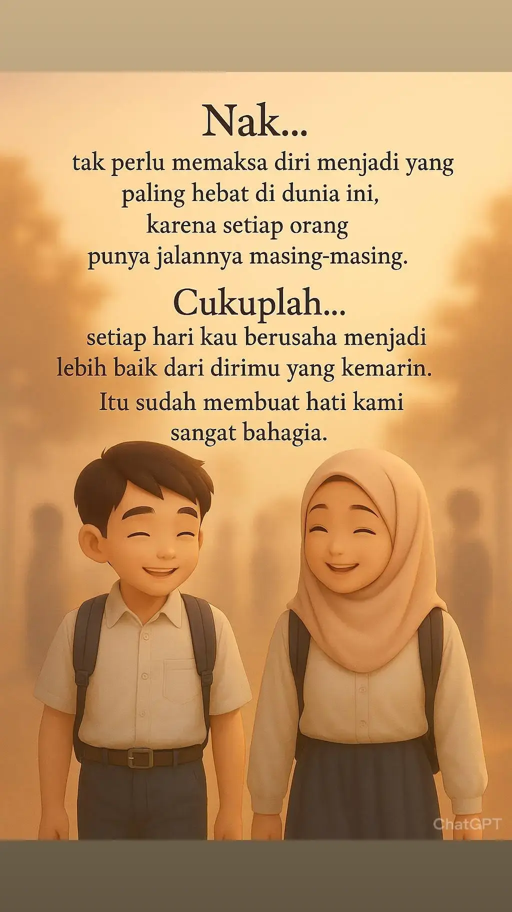 ✨ Nak, tak perlu jadi yang paling hebat… cukup berusaha lebih baik dari kemarin. Itu sudah membuat hati orang tua begitu bahagia. 💛 #MotivasiAnak #PesanOrangTua #BijakBersyukur #AnakSholeh #KebaikanHati #DidikanCinta #ParentingIslami