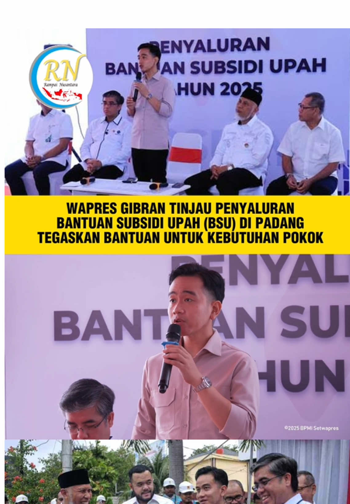 Wapres @Gibran Rakabuming Tinjau Penyaluran BSU di Kota Padang, Tegaskan Bantuan Harus Prioritaskan Kebutuhan Pokok Masih dalam rangkaian kunjungan kerja ke Provinsi Sumatera Barat (Sumbar), Wakil Presiden (Wapres) Gibran Rakabuming meninjau langsung proses penyaluran Bantuan Subsidi Upah (BSU) Tahun 2025 di Kantor Pos Cabang Utama Kota Padang, Jalan Bgd. Aziz Chan No. 7, Kecamatan Padang Barat, pada Rabu (30/07/2025). Dalam kunjungan tersebut, Wapres menekankan pentingnya pemanfaatan bantuan untuk memenuhi kebutuhan pokok para penerima. “Jangan digunakan untuk berjudi online. Kepada para bapak, saya juga ingatkan, setelah menerima bantuan, jangan langsung ke warung beli rokok. Dahulukan kebutuhan pokok, seperti membeli sembako dan perlengkapan sekolah anak-anak, apalagi ini sudah masuk tahun ajaran baru,” pesan Wapres. Lebih lanjut Wapres menggarisbawahi perlunya percepatan realisasi penyaluran, terutama di wilayah-wilayah yang sulit dijangkau. Sebagaimana instruksi langsung dari Presiden Prabowo Subianto, penyaluran BSU harus diselesaikan secara menyeluruh. “Karena ini adalah program dari Bapak Presiden, maka realisasinya harus mencapai 100 persen,” tegas Wapres. “Mengingat kita sudah memasuki akhir bulan, tantangan ke depan kemungkinan besar ada di daerah-daerah terpencil. Untuk itu, dibutuhkan kerja sama yang solid dengan pemerintah daerah,” tambahnya.