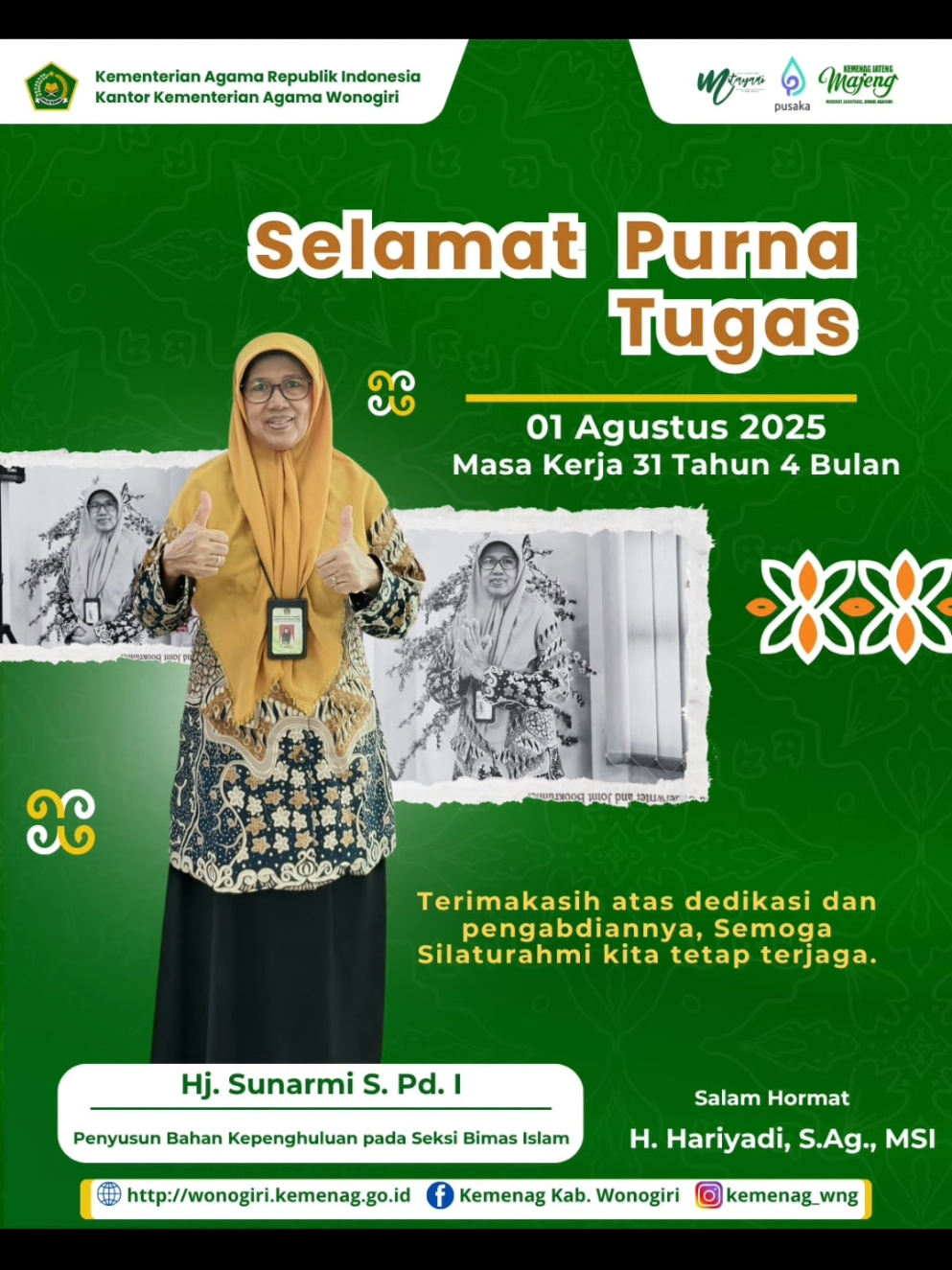 Selamat purna tugas kepada H. Warno dan Hj. Sunarmi, terima kasih atas dedikasi dan pengabdiannya. Semoga senantiasa sehat dan selalu dalam lindungan Allah🙏
