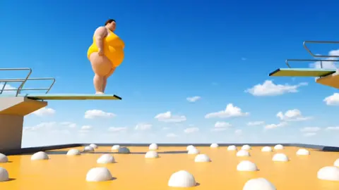Fat woman jumps into the huge sticky rice mango dessert pool#wolink #diving #olympics #animals #competition 