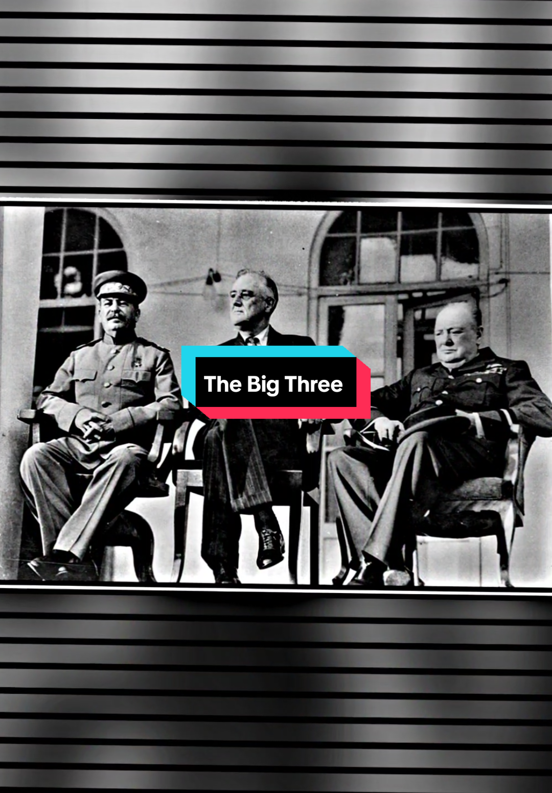 The Big Three ☠️ Penjelasan 👇  The Big Three - Joseph Stalin, Franklin Delano Roosevelt, dan Winston Churchill - adalah tiga pemimpin utama Sekutu selama Perang Dunia II. Mereka memainkan peran penting dalam menentukan arah perang dan membentuk dunia pasca-perang. - Joseph Stalin (Uni Soviet): Stalin memimpin Uni Soviet dan memainkan peran kunci dalam Perang Dunia II, terutama dalam Pertempuran Stalingrad yang menentukan. Ia juga memiliki pengaruh besar dalam pembentukan blok Soviet di Eropa Timur setelah perang. - Franklin Delano Roosevelt (Amerika Serikat): Roosevelt memimpin Amerika Serikat selama Depresi Besar dan Perang Dunia II. Ia memainkan peran penting dalam membentuk aliansi Sekutu dan mempromosikan konsep 
