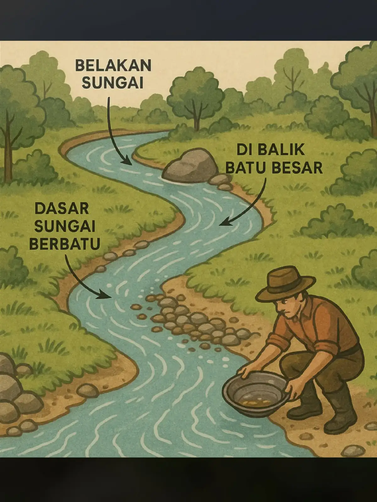 Ada beberapa alasan umum mengapa orang mendulang emas di sungai namun tidak mendapatkan emas.  Berikut penjelasan lengkapnya: 1. Lokasi Tidak Tepat ✅ Emas hanya terkonsentrasi di tempat tertentu, seperti belokan sungai, dasar sungai berbatu, atau di balik batu besar. ✅ Jika mendulang di lokasi yang tidak strategis (misalnya aliran cepat tanpa jebakan alami), kemungkinan besar tidak akan menemukan emas. 2. Tidak Ada Sumber Emas di Hulu ✅ Jika di bagian hulu sungai tidak ada batuan kuarsa, batuan sulfida, atau zona alterasi yang mengandung emas, maka sungai tidak membawa emas. ✅ Tanpa “sumber primer” emas, tidak mungkin ada endapan emas di sungai tersebut. 3. Emas Sudah Diambil Sebelumnya ✅ Lokasi bekas didulang banyak orang bisa jadi sudah habis kandungan emasnya. ✅ Emas adalah logam berat, tidak terus-menerus datang seperti pasir. Jika sudah terkuras, hasilnya minim atau nol. 4. Teknik Mendulang yang Salah ✅ Alat yang digunakan kurang efisien (tidak bisa menangkap emas halus). ✅ Cara menggali tidak sampai ke lapisan dasar tempat emas biasanya mengendap (misalnya di bawah pasir hitam atau kerikil kasar). 5. Emas Berukuran Sangat Halus ✅ Emas bisa berukuran mikro atau sangat halus (flour gold), sehingga sulit ditangkap dengan cara mendulang biasa. ✅ Harus pakai metode khusus seperti sluice box dengan karpet halus atau penggunaan merkuri (tidak disarankan karena berbahaya). 6. Sungai Sudah Mengalami Erosi atau Perubahan Aliran ✅ Aliran sungai bisa berubah akibat banjir, longsor, atau aktivitas manusia. ✅ Endapan emas bisa terkubur jauh di bawah lapisan baru, sehingga tidak lagi berada di permukaan. #goldmining #fyp #video #viral 