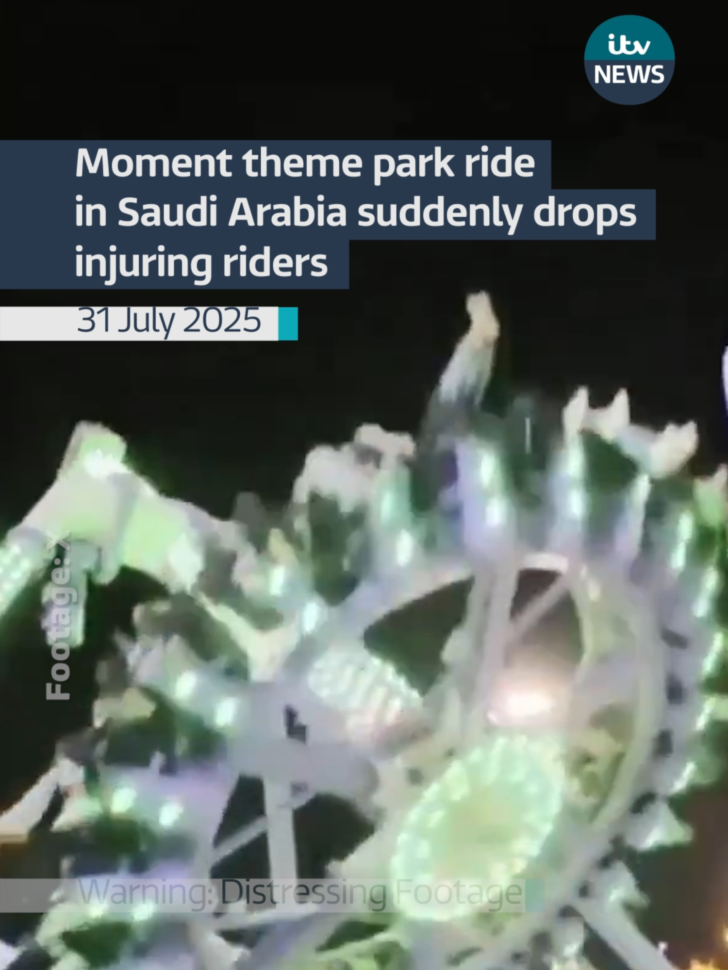 More than 20 people are reported to have been injured after a ride in Saudi Arabia suddenly broke. Footage shared on social media shows the ride at Green Mountain Park drop while swinging. #itvnews