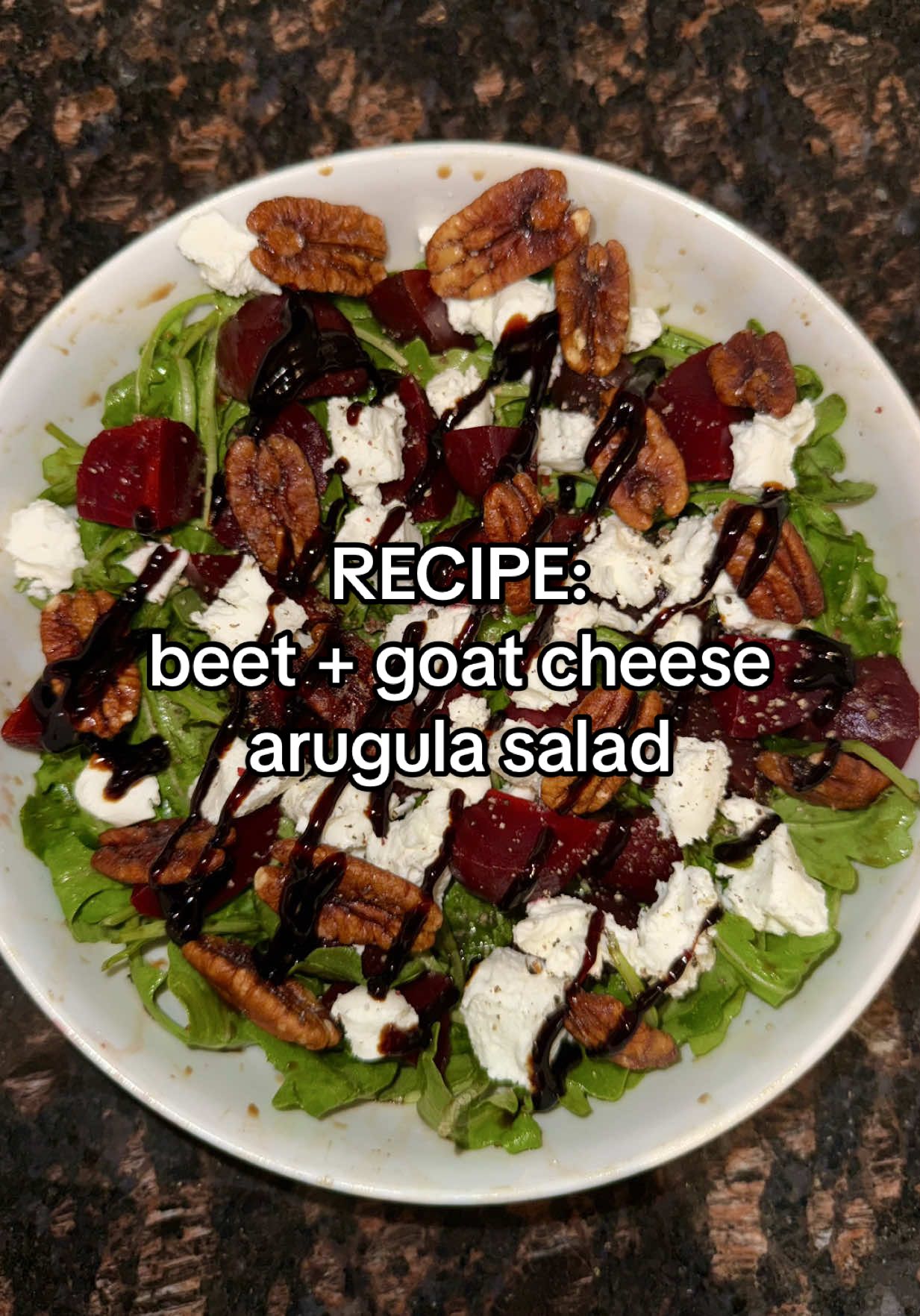 BEET + GOAT CHEESE ARUGULA SALAD 🫜🍃🐐 Simply just beets, arugula, crumbled goat cheese & candied pecans (or candied walnuts)  For the dressing I just use olive oil, balsamic vinegar, salt & pepper and I top with balsamic glaze!  #salad #cooking #EasyRecipe #Recipe #healthy