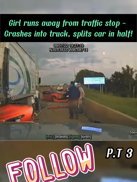 Girl runs away from traffic stop. Crashes into truck, splits car in half part 3 #camera #cops #police #copsoftiktok #police officer #bodycam #cop #copsontiktok #policeoftiktok #policechase #drivingfail #road #dashcam