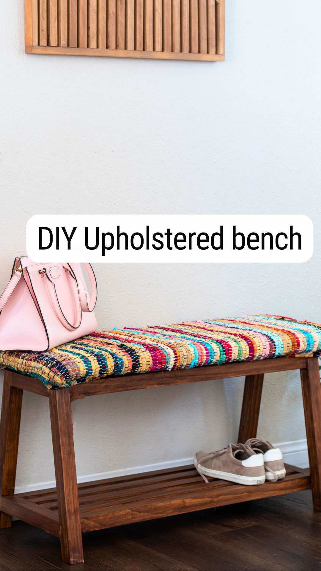 … and the shoes are starting to pile up. This beginner-friendly DIY A-frame bench has a comfortable upholstered top and a lower shelf perfect for storing shoes, baskets, or bags. All you need are a few basic tools: a saw, pocket hole jig, drill, and staple gun. Plans on my site. Link in my profile.  #diyfurniture #beginnerwoodworking #woodworkingplans #diybench #entrywaydecor #diyproject #apitiktok 