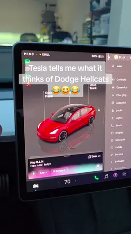 my Tesla giving me an answer on Dodge Hellcats pulling up next to me...😂 #grok #grokai #tesla #teslamodel3 #model3performance #teslatok #carsoftik #carsoftiktok #fyp #fypp #foryoupage #foryourpage #fyppppppppppppppppppppppp #dodgehellcat 