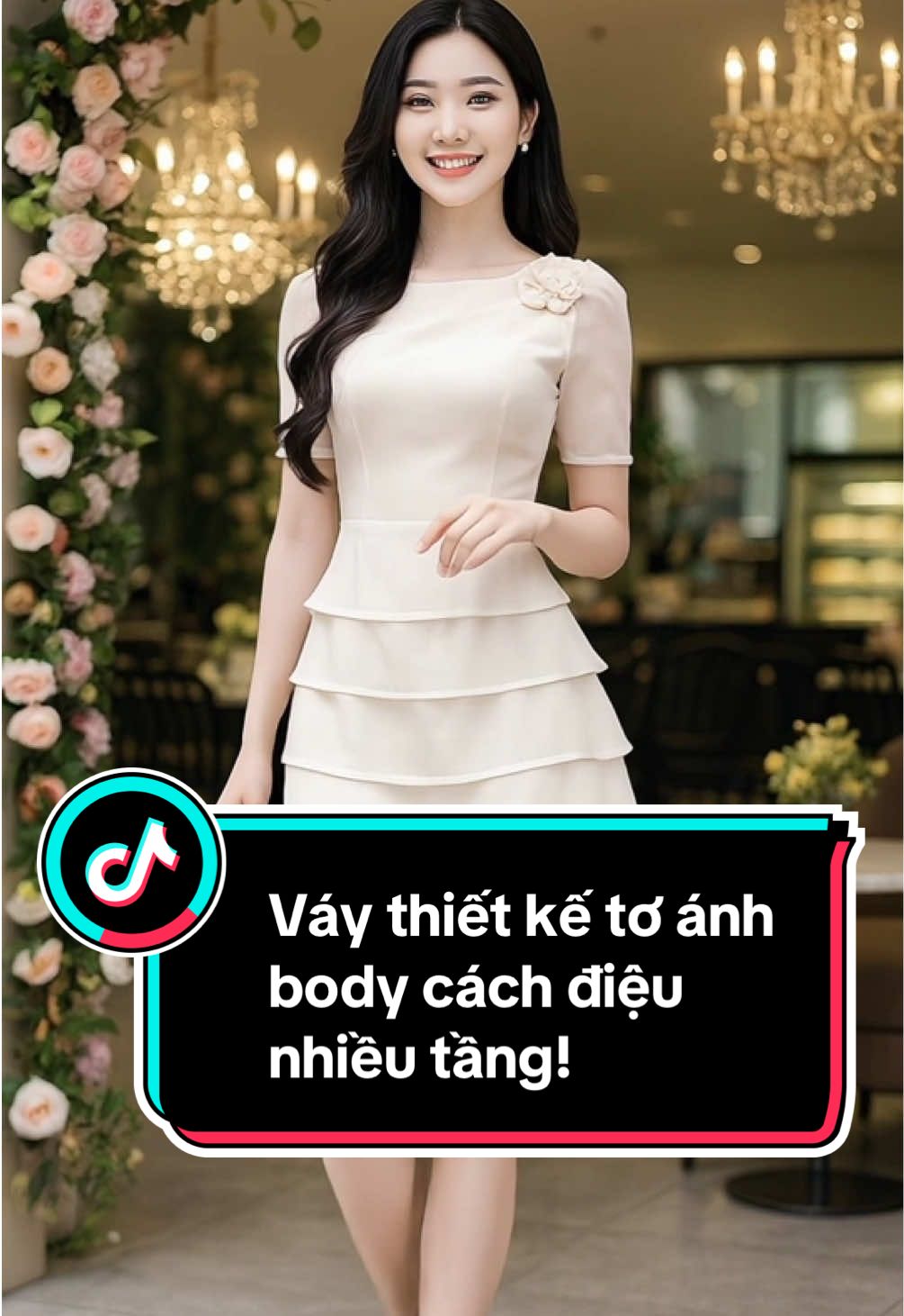 Váy thiết kế tơ ánh body cách điệu nhiều tầng gắn hoa may thủ công ở vai#thoitrangbonmua #xuhuong 