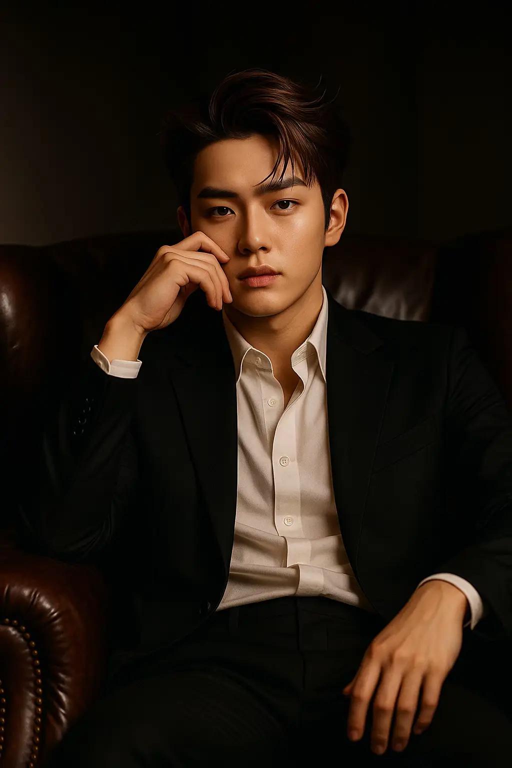 1. Open ChatGPT 📲 2. Upload your photo 📸 3. Paste the prompt 👇 A sharply dressed young man with light skin, sitting confidently in a dark leather armchair in a dimly lit room. He wears a black suit with a crisp white dress shirt and black trousers, with one hand resting on the chair arm and the other gently touching his face. The scene is dramatically lit with warm, cinematic lighting — strong orange highlights from the side creating moody contrast and deep shadows. The background is minimal, dark, and sophisticated, enhancing the subject’s poised and thoughtful demeanor. Ultra-realistic 8K detail, soft shadows, chiaroscuro lighting, editorial photography style, shot on Canon EOS R5 with a 50mm f/1.2 lens. #trungayai #ai #aiart #photo #chatgpt #trending #fyp 