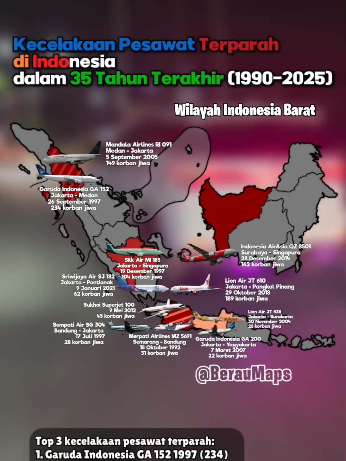 Kecelakaan pesawat terparah di Indonesia dalam 35 tahun terakhir  #mapping #geography #maps #kecelakaan #pesawat #peta 