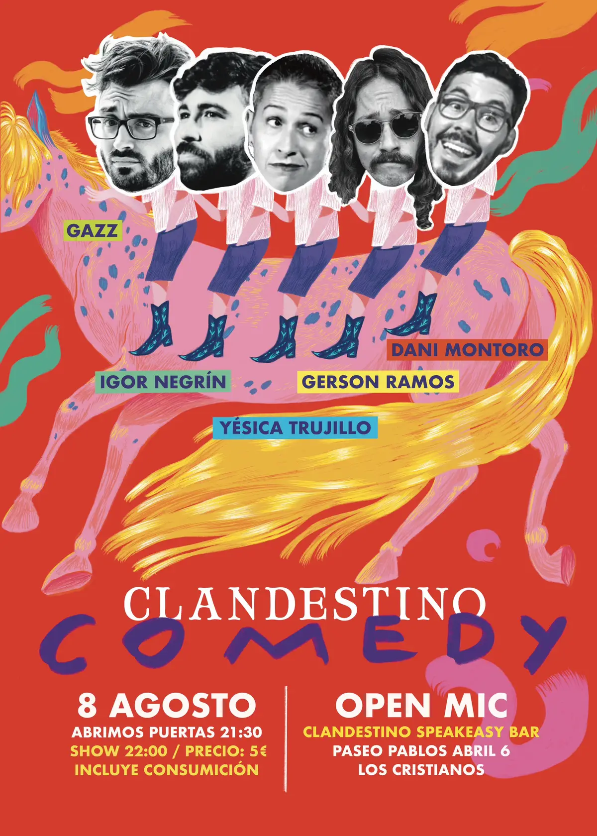 El próximo viernes 8 de Agosto llega el Clandestino Comedy a Los Cristianos 🔥🎤 Un open mic para amantes del stand-up donde podrás disfrutar tanto de cómicos emergentes como veteranos deseando pasar una noche íntima e inolvidable mientras el resto del mundo sigue yéndose al carajo ✨ En esta primera edición contaremos con: Yésica Trujillo, Igor Negrín, Gerson Ramos, Dani Montoro y un servidor✌🏼 📍Lugar: Clandestino Speakeasy Bar (Los Cristianos)  📞 Reserva mesa llamando/whatsapp 625954229  🍻Apertura puertas: 21:30  🎤Comienzo PUNTUAL: 22:00 🎟️ Entrada: 5€ incluye consumición de caña, vino, refresco o agua (¿estás bien?) Evento organizado a regañadientes por Gazz & Igor Negrín. Si estás interesado en subirte al escenario o te interesa gestionar este evento escríbenos al dm/email 📮 openclandestino@gmail.com 🎨 Cartel: @miwa.mocna 