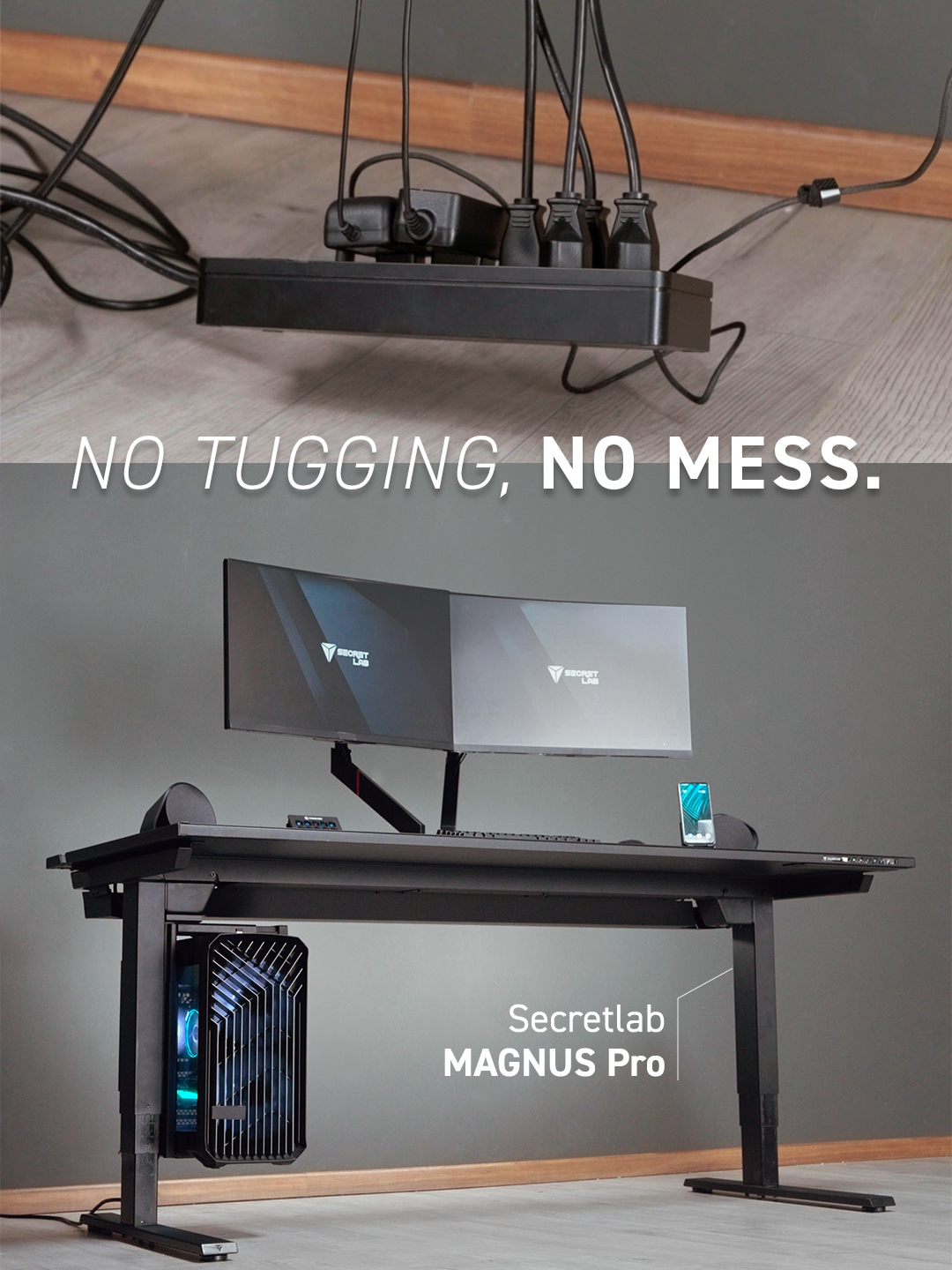 Only one cable running from your desk. Secretlab MAGNUS Pro's integrated power supply column connects to an electrical socket at the top of your desk leg. Plug your devices in and hide your cords — no mess, but all the function. Discover the genius in the details. #ergonomics #secretlab #cablemanagement
