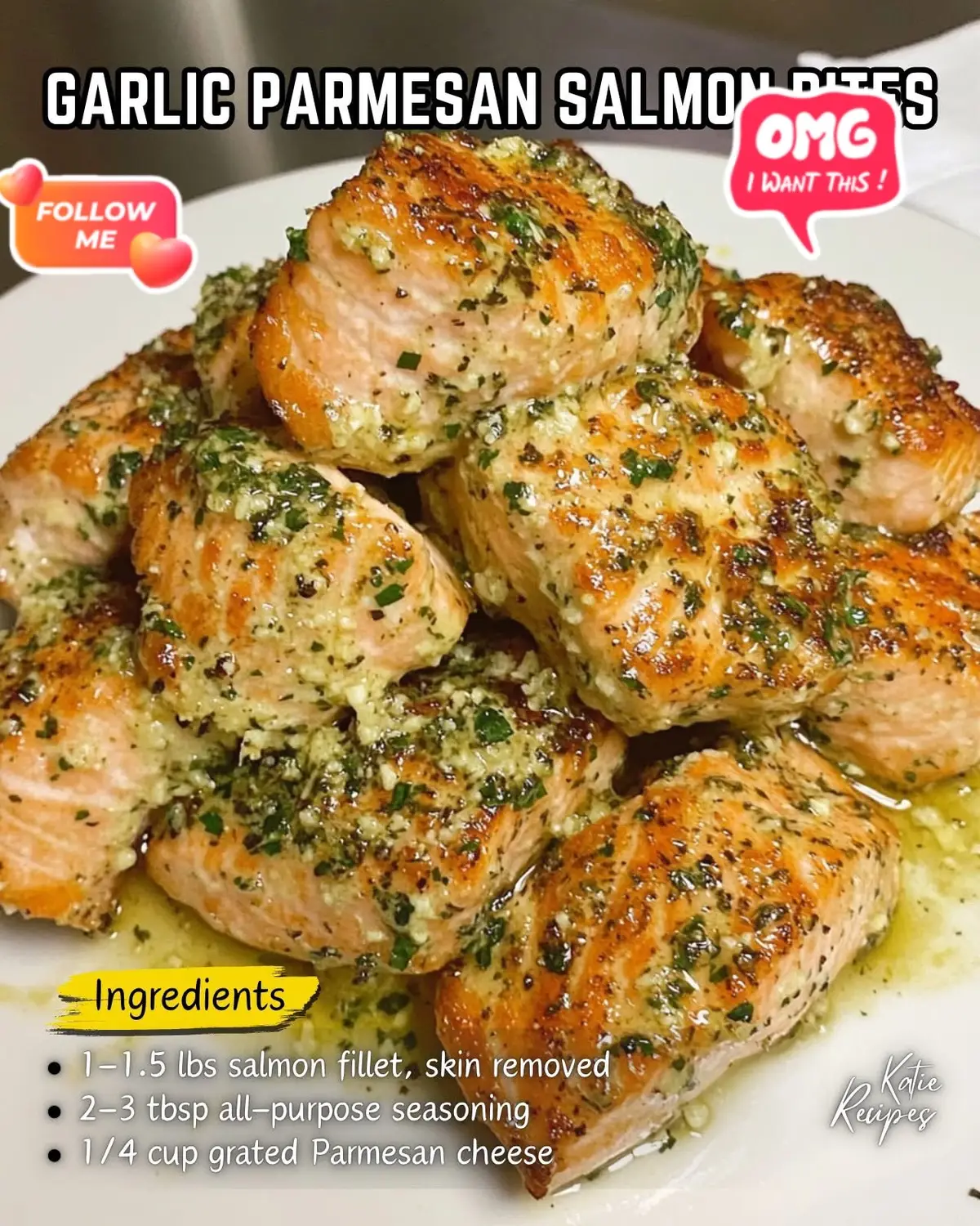 Garlic Parmesan Salmon Bites Ingredients:     • 1–1.5 lbs salmon fillet, skin removed, cut into large cubes or rectangles     • 2–3 tbsp all-purpose seasoning (like Dano’s or your favorite blend)     • 2 tbsp olive oil     • 3 tbsp butter     • 3–4 garlic cloves, minced     • 2 tbsp fresh parsley, finely chopped (plus more for garnish)     • 1/4 cup grated Parmesan cheese (plus more for serving)     • Lemon wedges, for serving (optional) Instructions:     1. Prep the Salmon:         ◦ Cut salmon into even, bite-sized pieces for even cooking.         ◦ Place salmon in a large bowl, drizzle with olive oil, and sprinkle generously with seasoning. Toss until well coated.     2. Air Fry the Salmon:         ◦ Preheat your air fryer to 375°F (190°C).         ◦ Arrange the salmon pieces in a single layer in the basket (cook in batches if needed).         ◦ Air fry for 9 minutes, flipping halfway through, until the salmon is just cooked through and develops a crisp, golden crust.     3. Make Garlic Herb Butter:         ◦ While the salmon cooks, melt butter in a small pan over medium heat.         ◦ Add minced garlic and chopped parsley. Sauté for 1–2 minutes, just until fragrant.         ◦ Remove from heat and stir in grated Parmesan cheese and an extra pinch of seasoning.     4. Finish and Serve:         ◦ Transfer hot salmon bites to a serving dish.         ◦ Pour the garlic-Parmesan butter over the top and gently toss to coat.         ◦ Garnish with extra Parmesan and parsley.         ◦ Serve immediately, with lemon wedges if you like. Servings: 3–4 Prep Time: 10 min Cook Time: 10 min