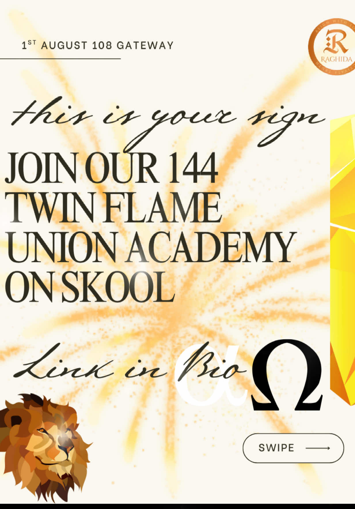 WE HAVE EXCITING NEWS!!!!!!!! WE HAVE  LAUNCHED TODAY on The 1/8/2025 world wide THE “144 TWINFLAME UNION ACADEMY “ Join us LINK 🔗 in Bio to JOIN OUR 144 TWINFLAME UNION SKOOL COMMUNITY  This 108 Gateway is your cosmic reset button. Align. Receive. Ascend. 🌌 Twin flames, lightworkers & starseeds—your next chapter begins NOW.  #108gateway #twinflameunion #spiritualawakening #lionsgatewayportal #raghida #raghidashaman #5D #12D #twinflame #twinflames #twinflamejourney #twinflame union #twinflamelove #twinflamesupport #twinflamehealing #twinflameconnection #twinflamenavigation #twinflameguidance #divinepairs #144 #highfrequencycoding #quantumfield #truthandlove #newearth #personalpower #twinflameunion #soulmastery #masterclassbyraghida #consciousevolution #goldenageofaquarius #twinflamemastery