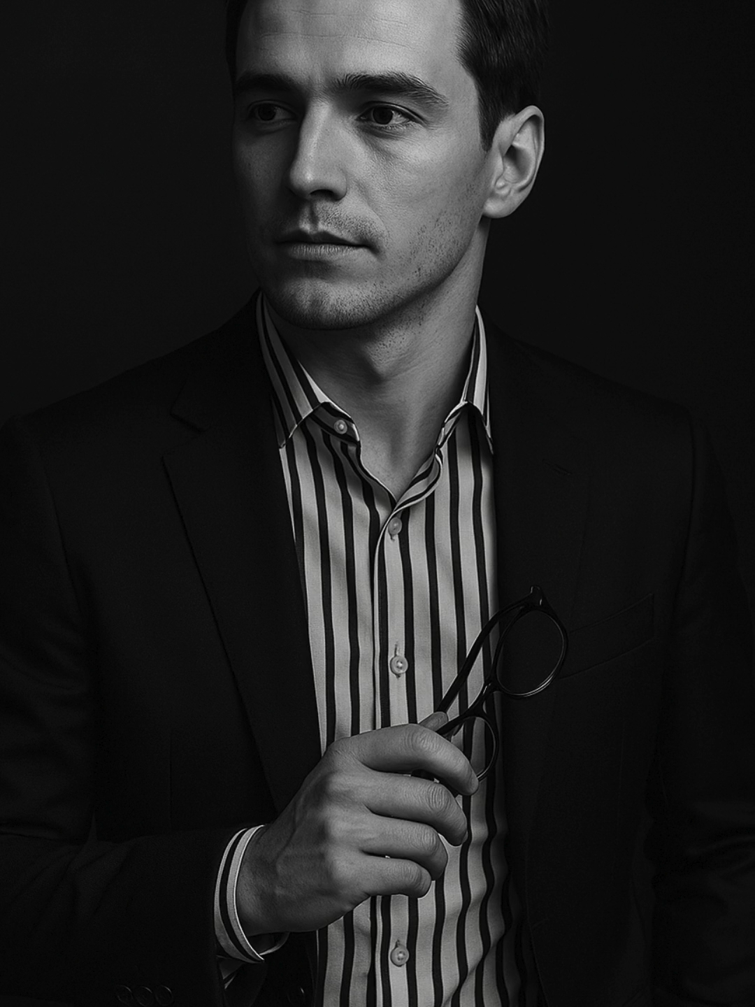 Use this prompt #chatgpt #prompt #prompts #tutorial #aiphoto #aiphotography #photography  Prompt: A hyper-realistic, black-and-white studio portrait based on the original selfie — a stylish man standing in soft, dramatic lighting. He wears a perfectly tailored black suit with a classic notch lapel and a crisp white dress shirt featuring bold vertical stripes. In one hand, he casually holds a pair of black-framed glasses. His expression is confident and contemplative as he looks slightly off to the side. Hair is slicked back neatly, light stubble visible, and the lighting casts refined shadows across his face, enhancing cheekbones and jawline. Shot with a Canon EOS R5 and 85mm f/1.2 lens for shallow depth of field, crisp facial detail, and smooth tonal contrast. Vertical 9:16 format, with a fashion-forward, editorial look and timeless, vintage-inspired elegance.