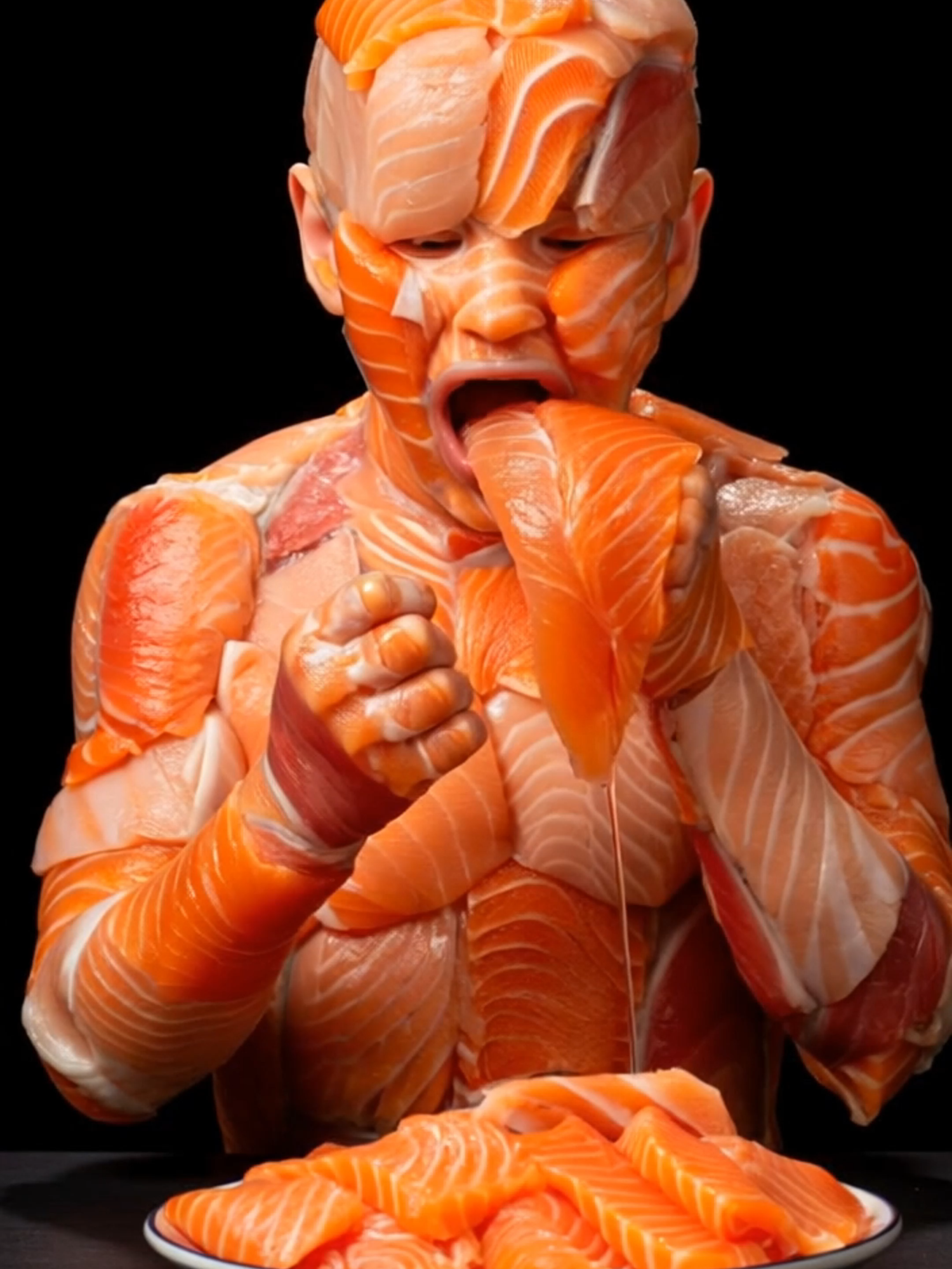 He Is Made of Salmon... and Eats Himself  👇 🎯 Create your own AI shorts here: Freebeat AI > https://surli.cc/bhotao #surrealart #aiart #weirdcore #hyperrealism #sashimi #fishman #aiartwork 