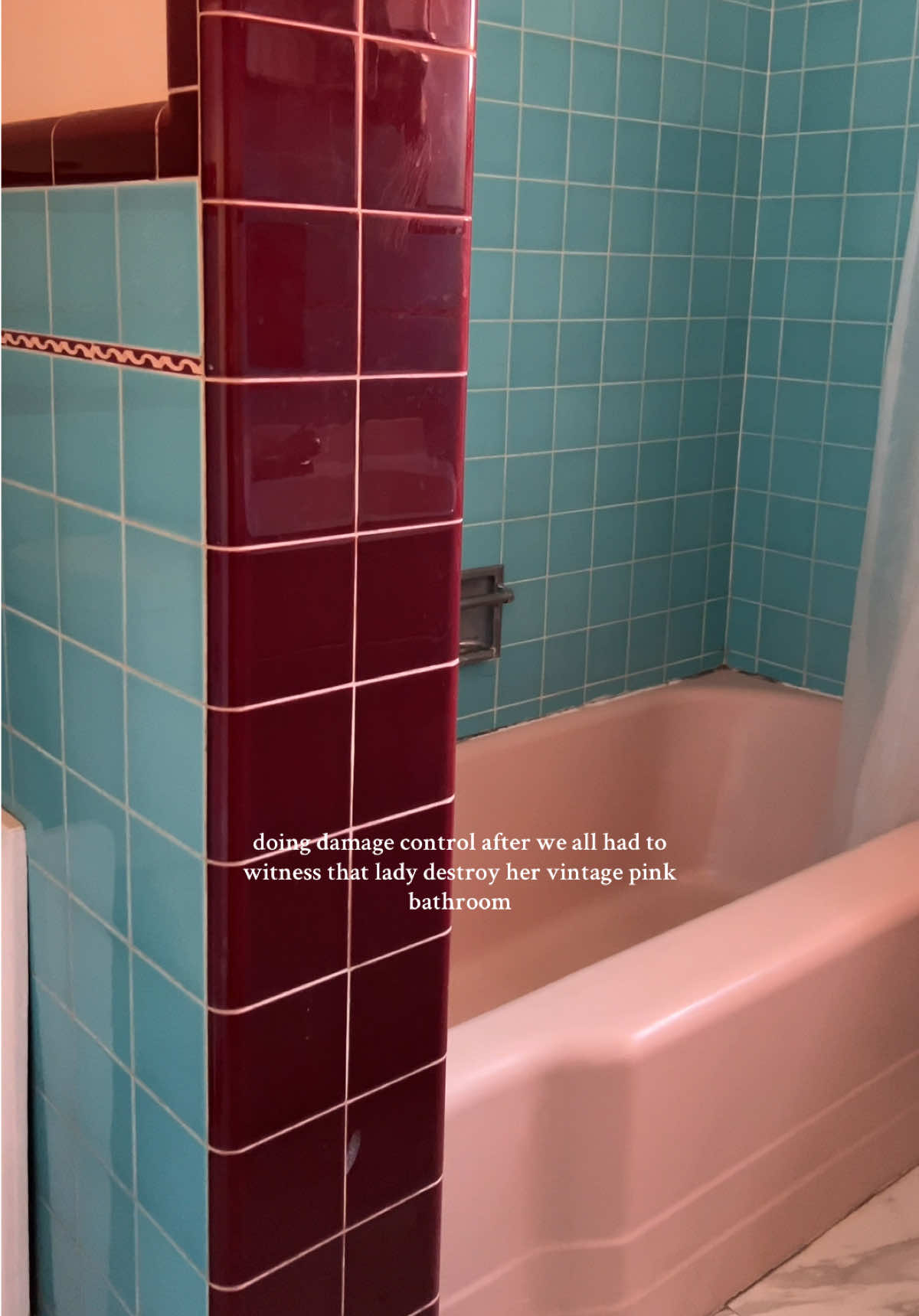 big shout out to my landlord for not changing this perfect vintage bathroom (minus the floor)  #pinkbathroom #vintagepinkbathroom #millenialgrey #historichome #vintagebathroom #pinktilebathroom #pinkbathtub #1940shouse #vintagetile #tilebathroom 