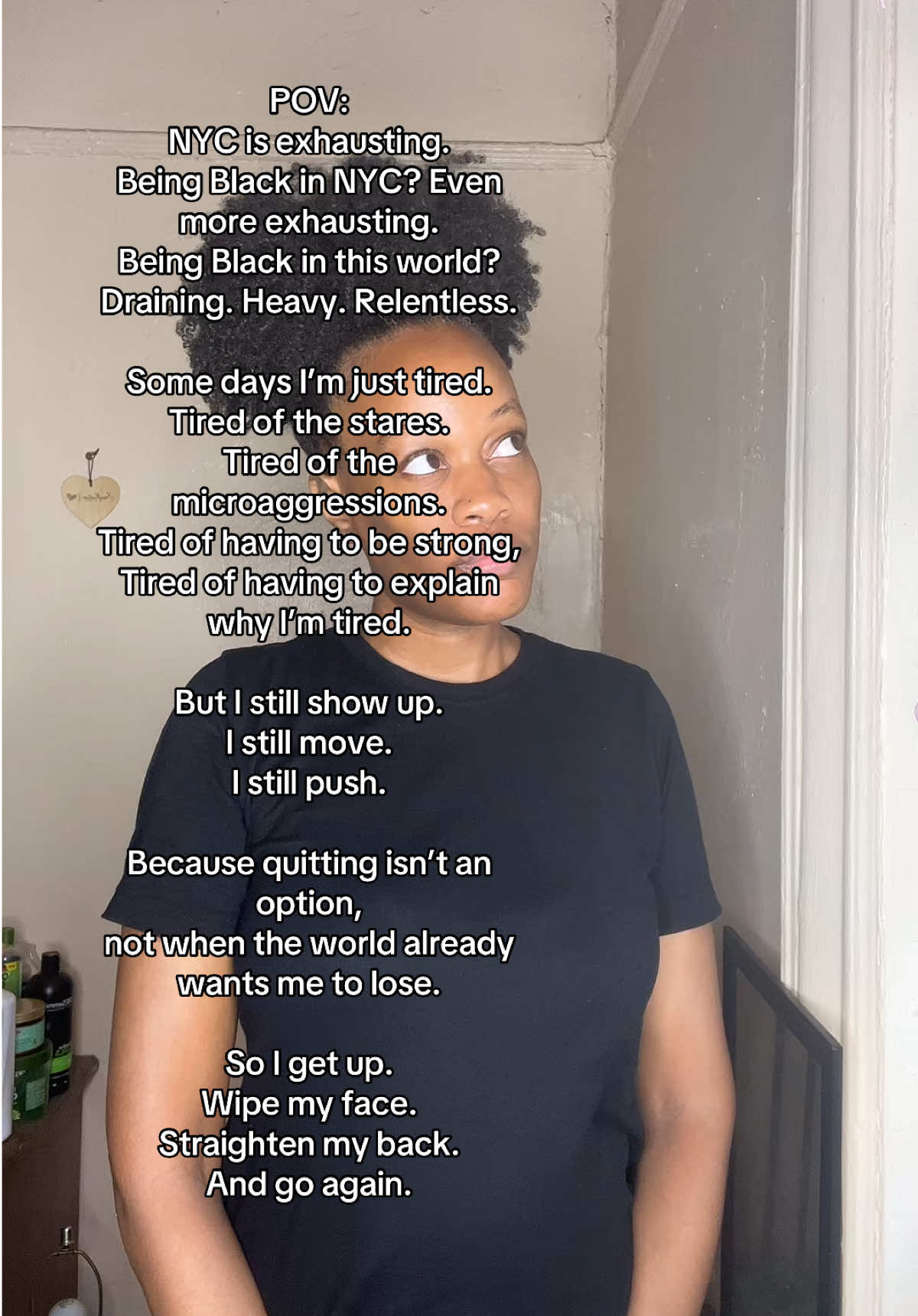 POV: NYC is exhausting. Being Black in NYC? Even more exhausting. Being Black in this world? Draining. Heavy. Relentless. Some days I’m just tired. Tired of the stares. Tired of the microaggressions. Tired of having to be strong, Tired of having to explain why I’m tired. But I still show up. I still move. I still push. Because quitting isn’t an option, not when the world already wants me to lose. So I get up. Wipe my face. Straighten my back. And go again. #blackpeople #letstalkaboutit #foryoupage 