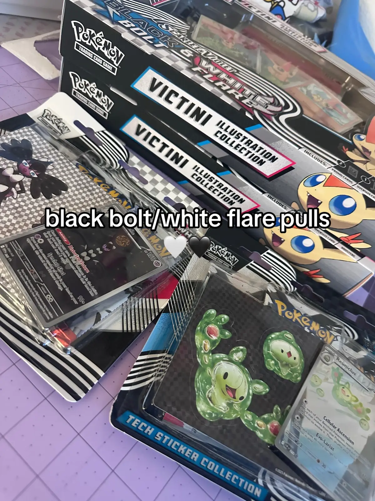 2 hours in line atGameStop, black bolt and white flare have been so so good to me already 🥹 still hunting the Litwick line and the Gothita line but DAMN we did good today . . . #pokemontcg #pokemoncards #pokemoncollector #pokemon #blackbolt #whiteflare