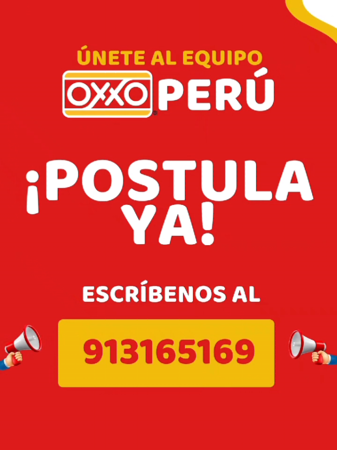 📢 ¿Buscas trabajo con un excelente clima laboral? ¡ÚNETE A OXXO PERÚ! 💼❤️ Estamos buscando Ayudantes de Tienda con ganas de crecer y trabajar en equipo 🙌 📲 Escríbenos al WhatsApp 👉 913165169 y postula YA. ¡Te estamos esperando! 🚀 #TrabajaEnOXXO #OXXOPeru #EmpleoPeru #ChambaYa #AyudanteDeTienda #BuenClimaLaboral #OportunidadLaboral #PostulaYa #OXXO