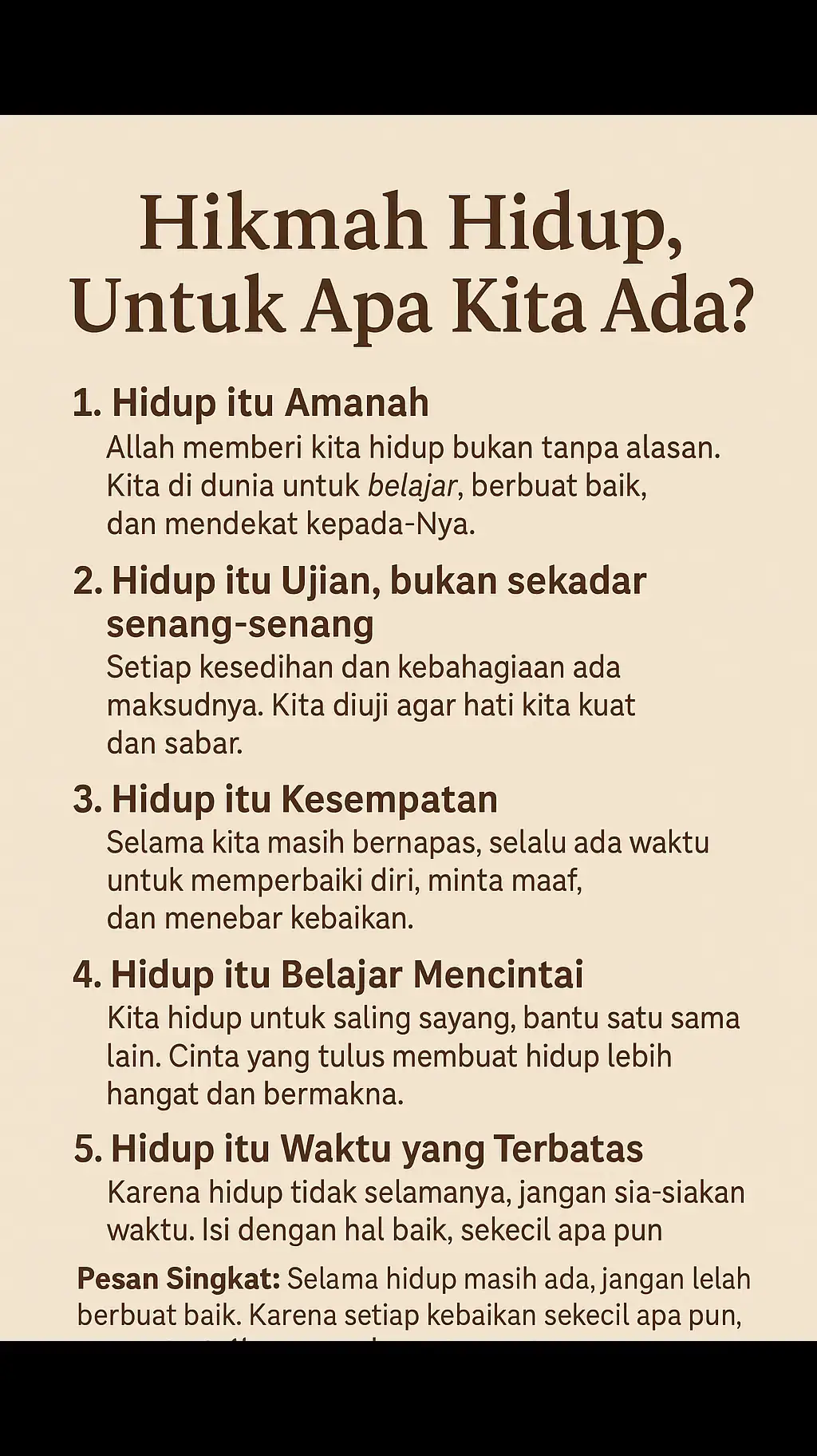 > Kita hidup bukan sekadar hadir. Tapi untuk belajar, bersabar, memperbaiki diri, dan mencintai sesama. Karena hidup ini singkat, jangan sia-siakan kesempatan. 🌻 ✨ Hikmah hidup, untuk apa kita ada? #renunganhariini #katakatabijak #statusmotivasi #fyp #motivasihidup     