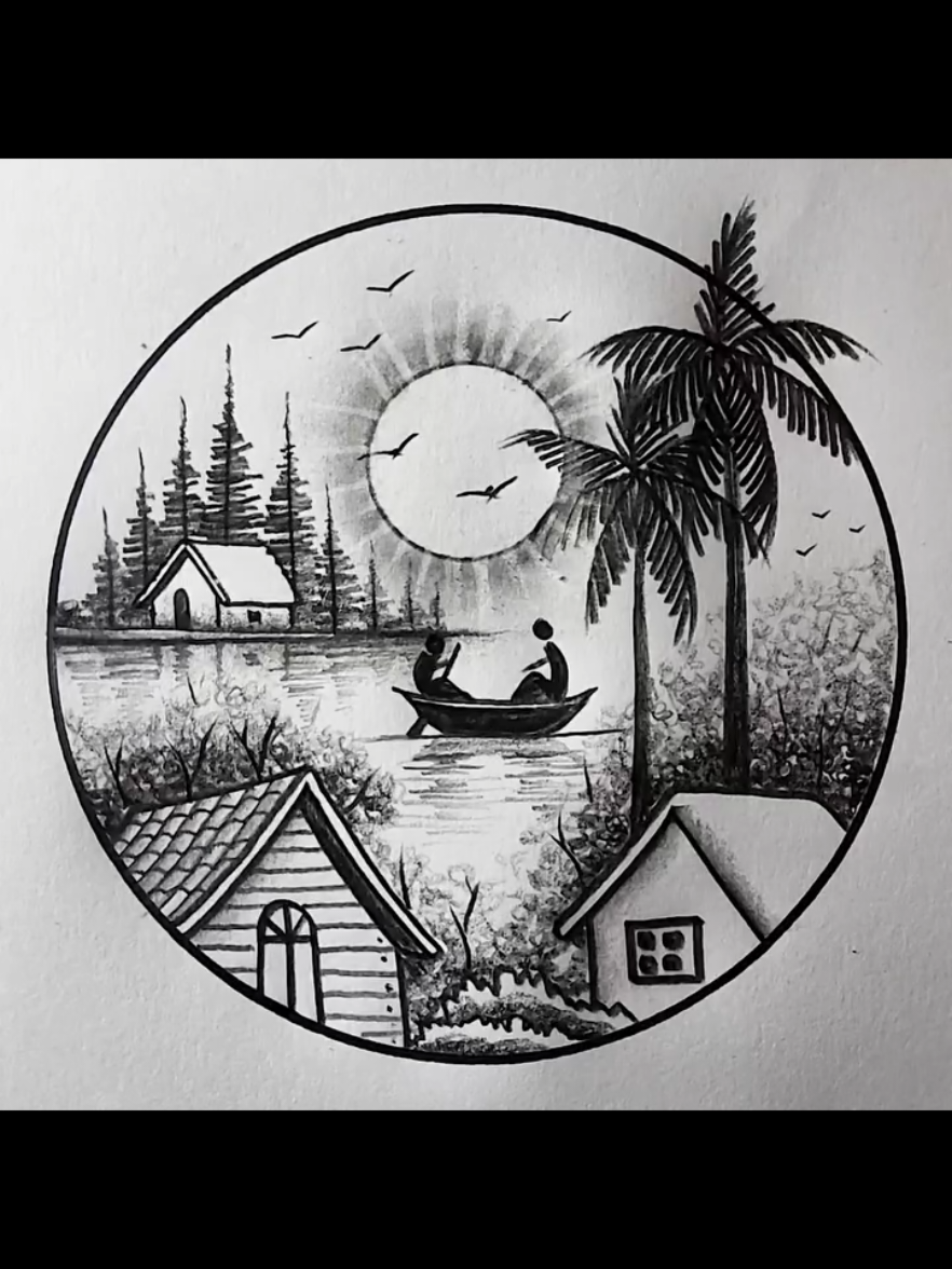 Riverside houses drawing scenery with pencil ✏️  . . . #draw #drawings #usatiktok🇺🇸 #drawingtutorial #drawingprocess 