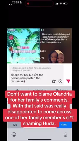 Don’t want to blame Olandria for her family’s comments. With that said was really disappointed to come across one of her family member’s sl*t shaming Huda @hudabubbaaa  #hudamustafa #louisrussell #olandriacarthen #loveislandusa #LoveIsland #loveislandusaseason7 