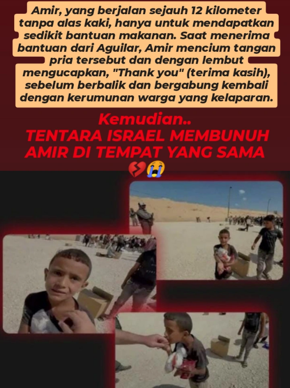 Amir, yang berjalan sejauh 12 kilometer tanpa alas kaki, hanya untuk mendapatkan sedikit bantuan makanan. Saat menerima bantuan dari Aguilar, Amir mencium tangan pria tersebut dan dengan lembut mengucapkan, 