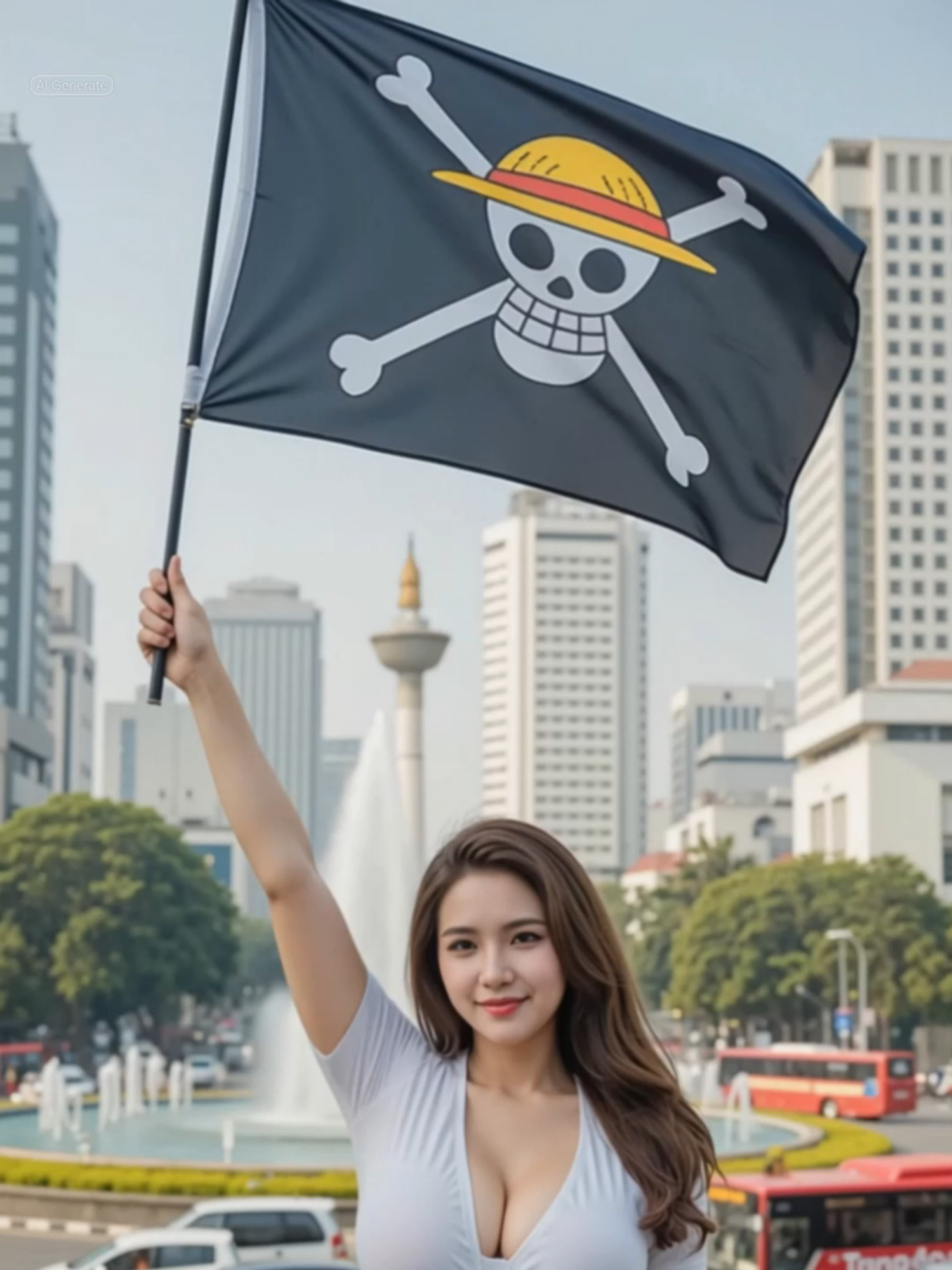 BENDERA YANG DITAKUTI PEMERINTAH... lihat bendera Luffy berkibar, rasanya pengin nyari One Piece, bukan bayar cicilan.. #indonesia #characterai #aiedit #ai #aigenerated #model #asianbeauty #asiangirl #favorite #girl #wanita #gadis #longhair #jollyroger#onepiece #pemerintah #gerah