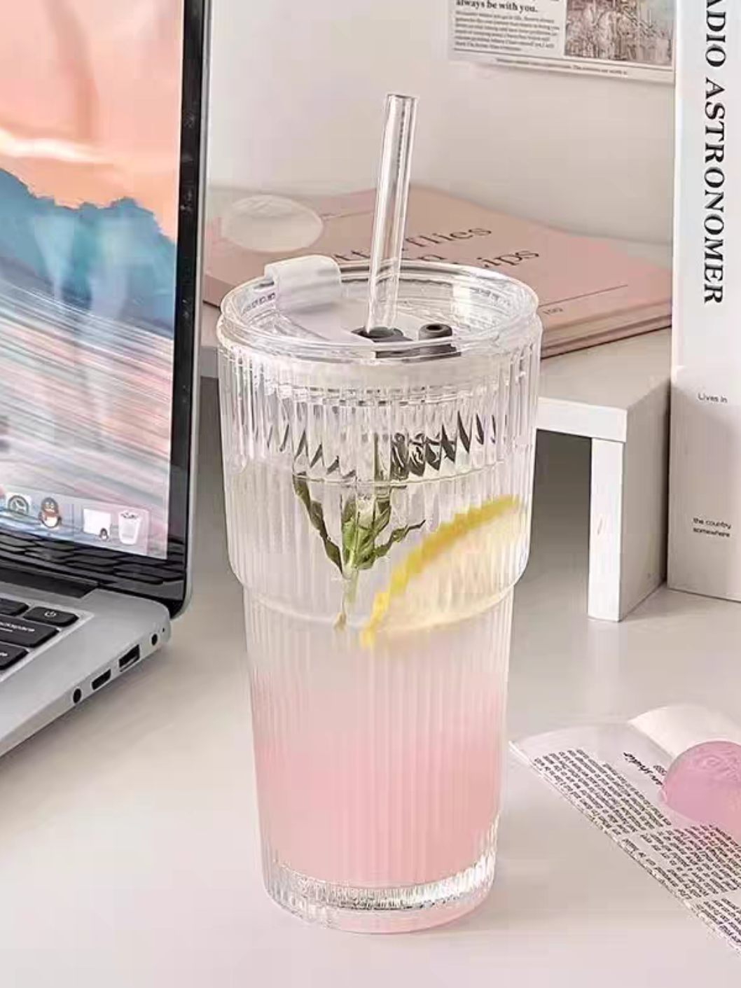 600ML Stripe Glass Coffee Cupwith Straw Lid For Milk Tea Juice Breakfast MugsDrinkware Travel Drinking Water Bottle Home Bar 