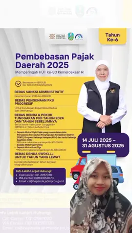 Ayo manfaatkan pembebasan pajak daerah untuk kendaraan kalian agar lebih tenang tanpa beban denda dan tunggakan! Pajak Kalian, Membangun Jawa Timur! #jawatimur #jatim #bapendajatim #hutri80indonesia🇮🇩 #bebas #pajak 
