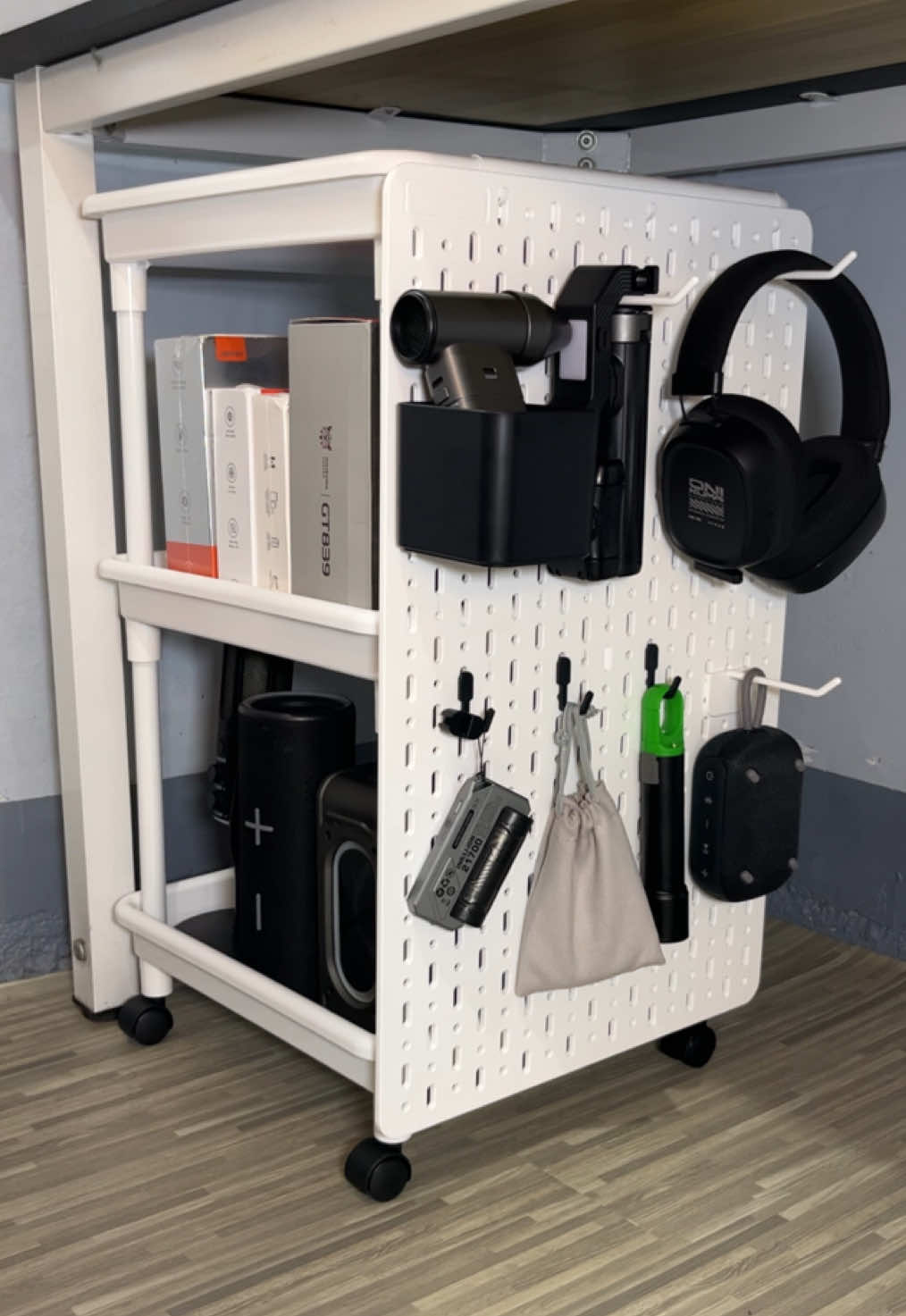 Trolley with Pegboard Organizer #pegboard #organizer #trolley #homedecor #roomdecor #minimalist #wfhsetup #trays #storage 